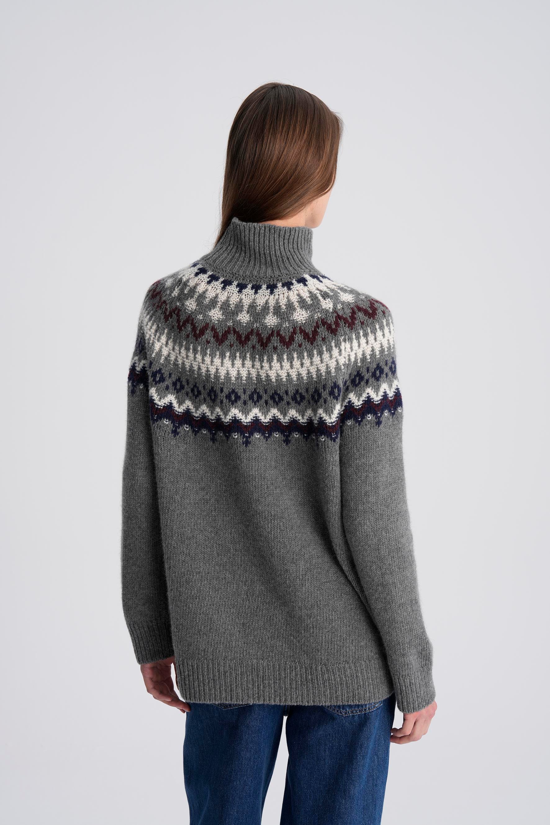 Gri Balıkçı Yaka Jakarlı Yün Triko Kazak