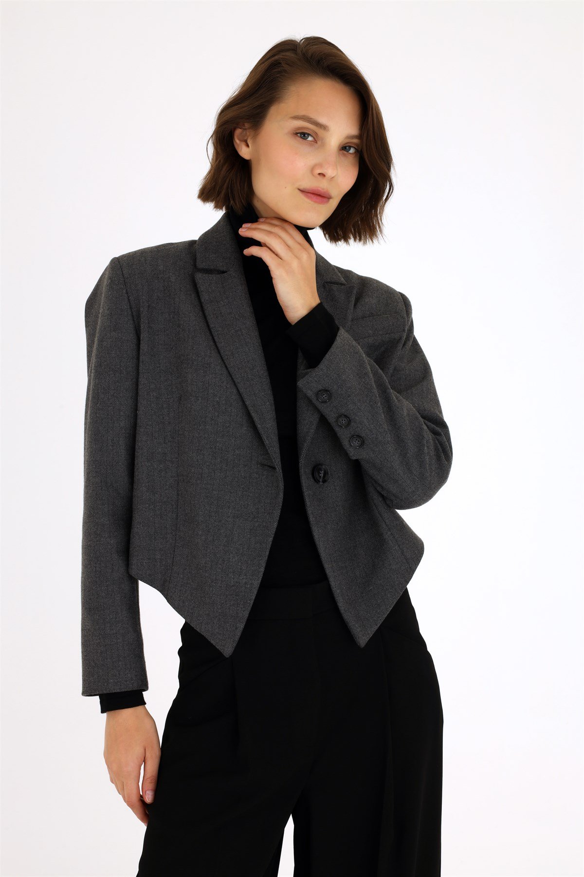 Gri Balıksırtı Desen Crop Ceket