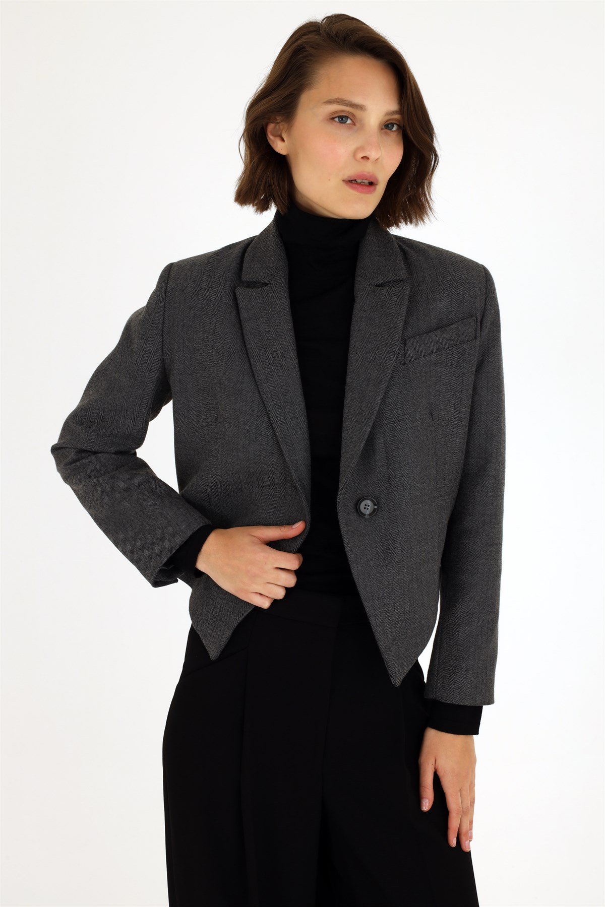 Gri Balıksırtı Desen Crop Ceket