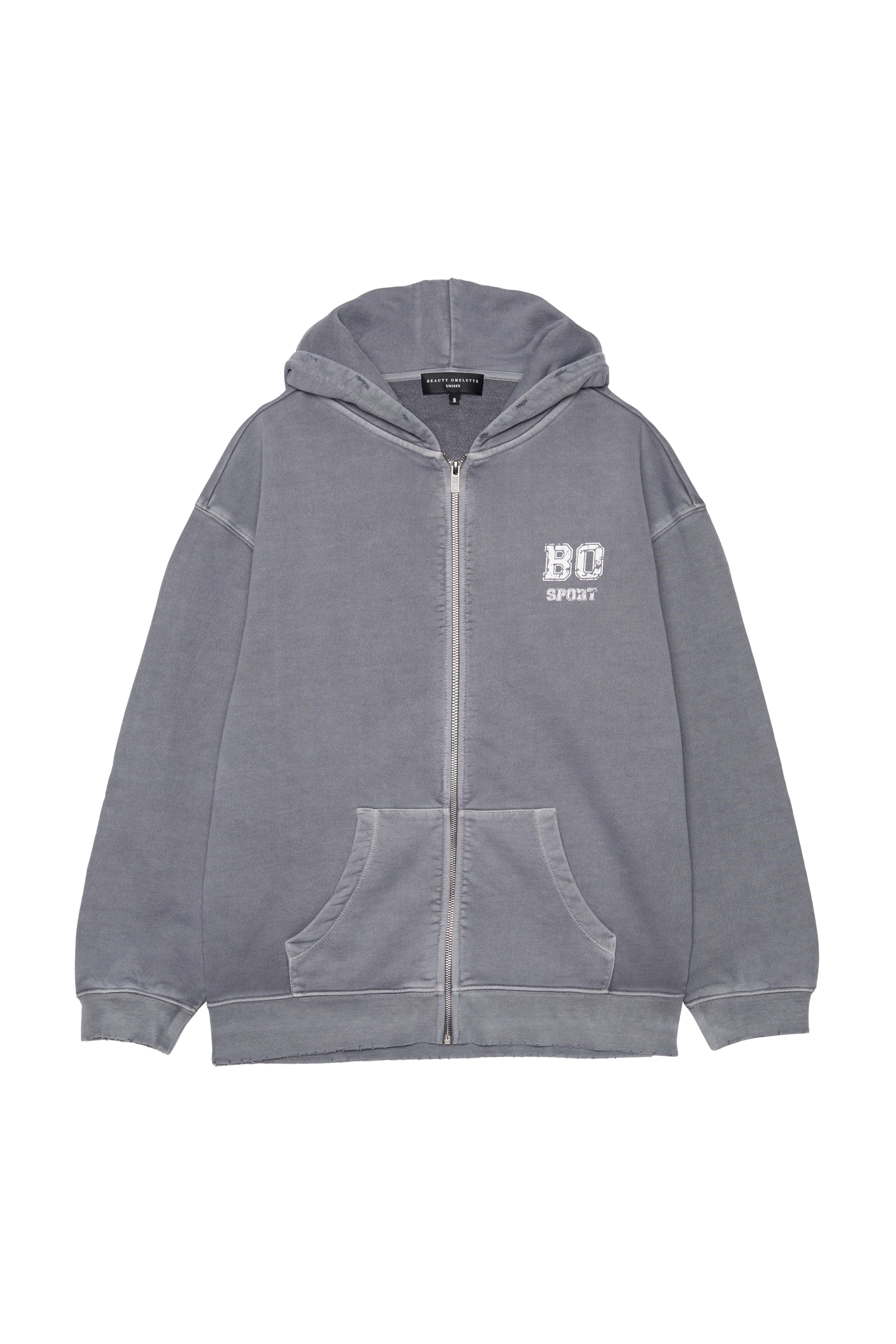 Gri BO Sports Zip Up Yıkamalı Hoodie