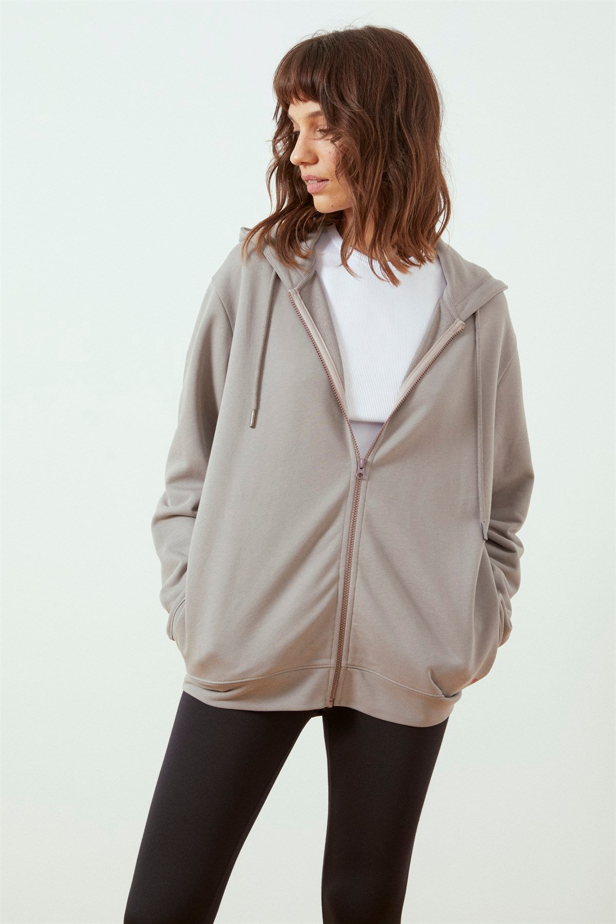 Gri Fermuarlı Kapüşonlu Sweatshirt