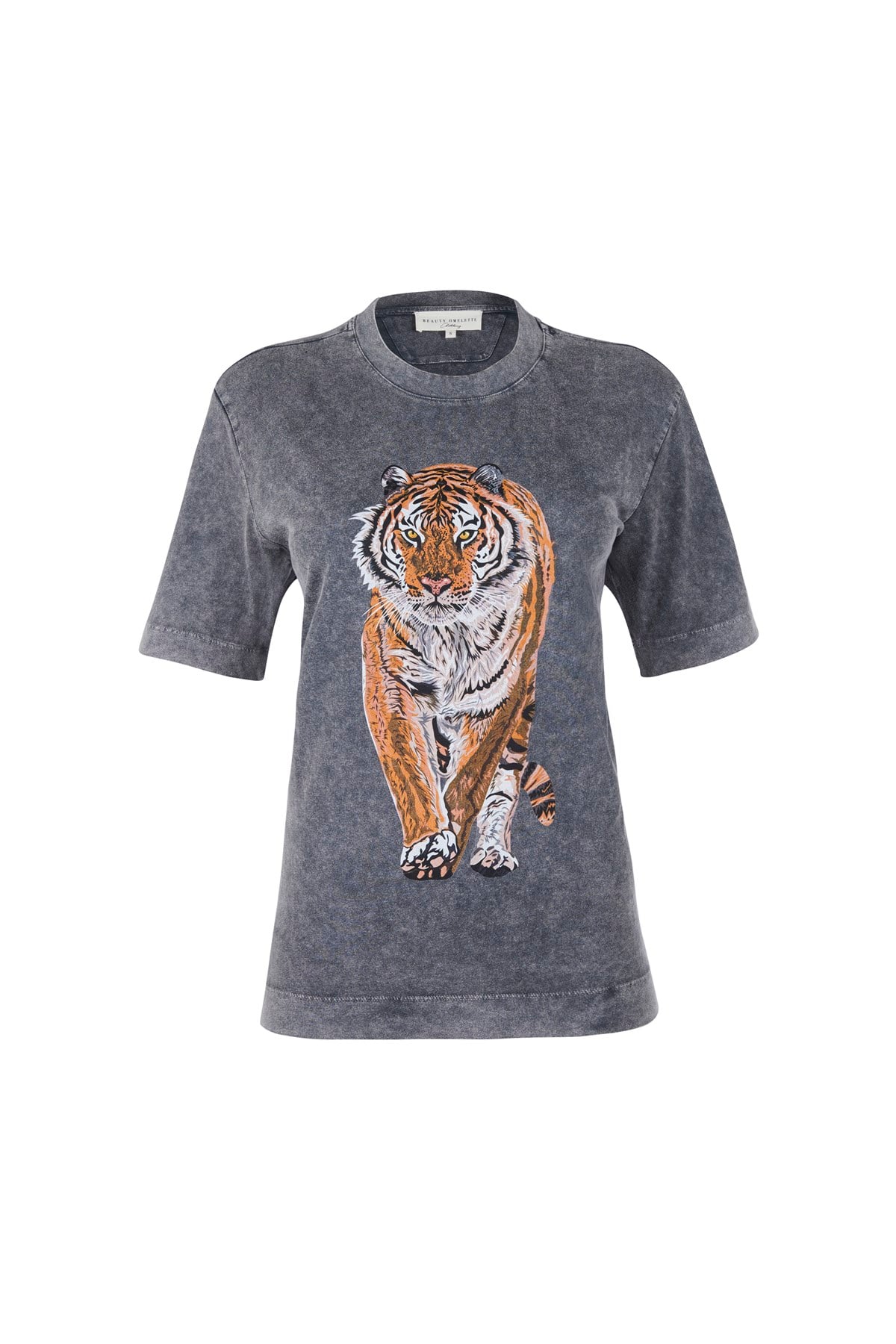 Gri Kaplan Baskılı Yıkamalı Tshirt