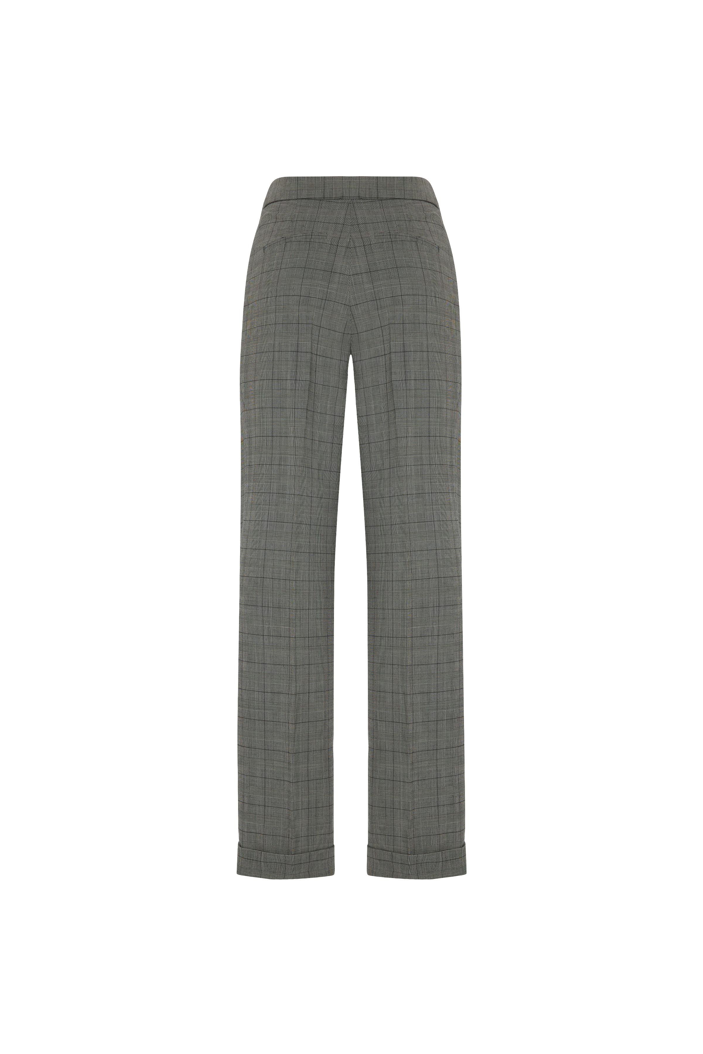 Gri Kareli Duble Paça Yünlü Bol Pantolon