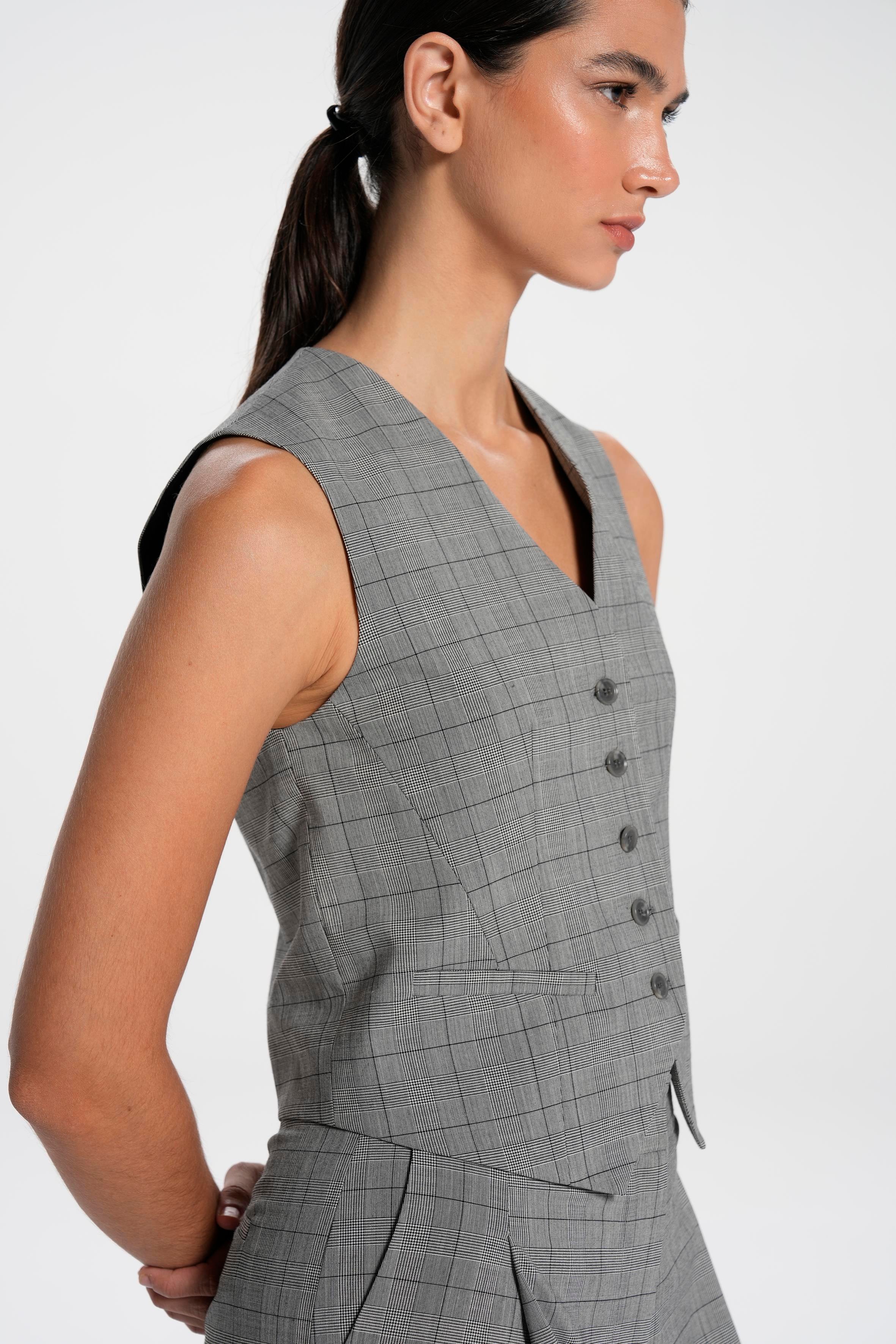 Gri Kareli V Yaka Yünlü Yelek