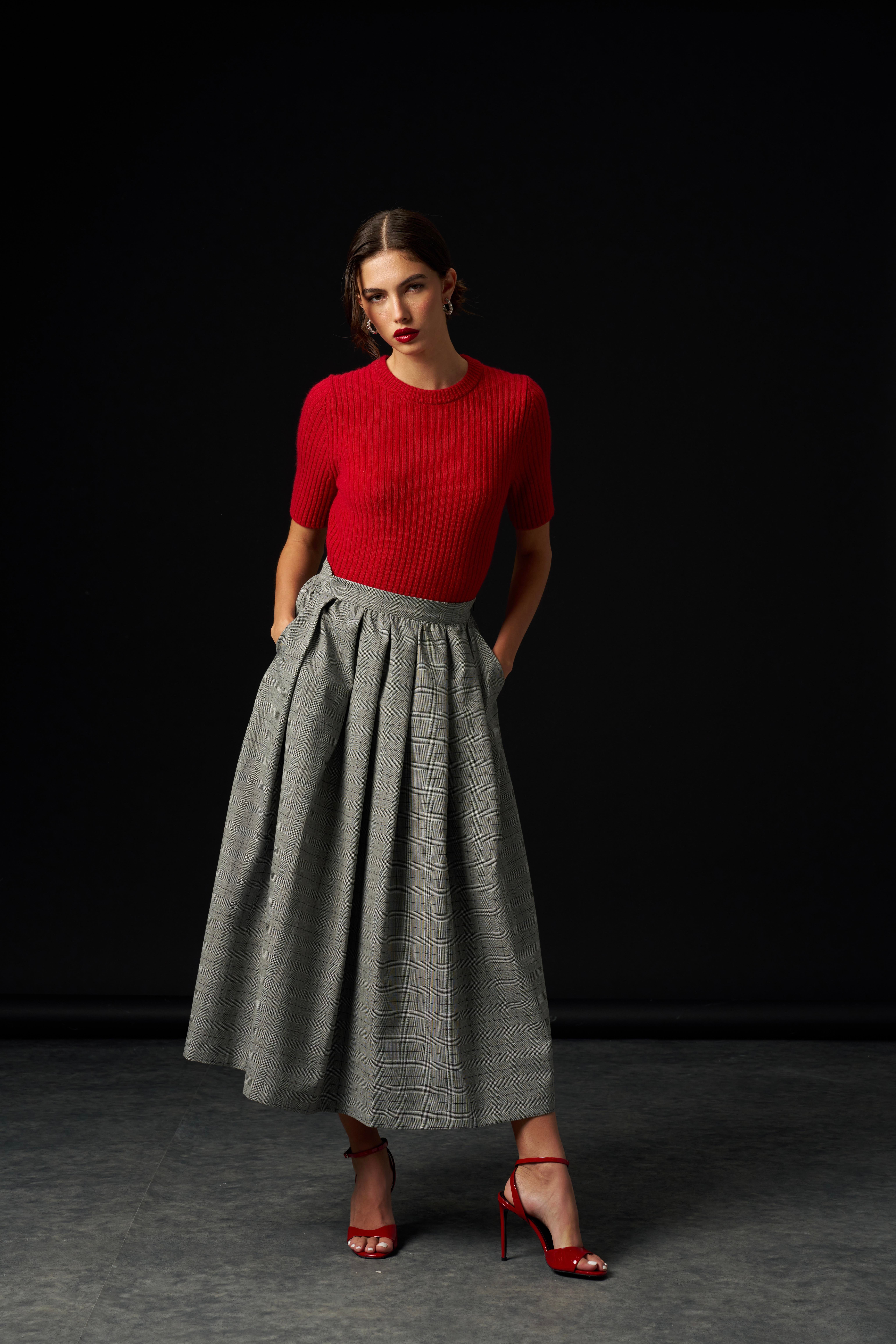 Gri Kareli Yünlü Kalın Pileli Etek