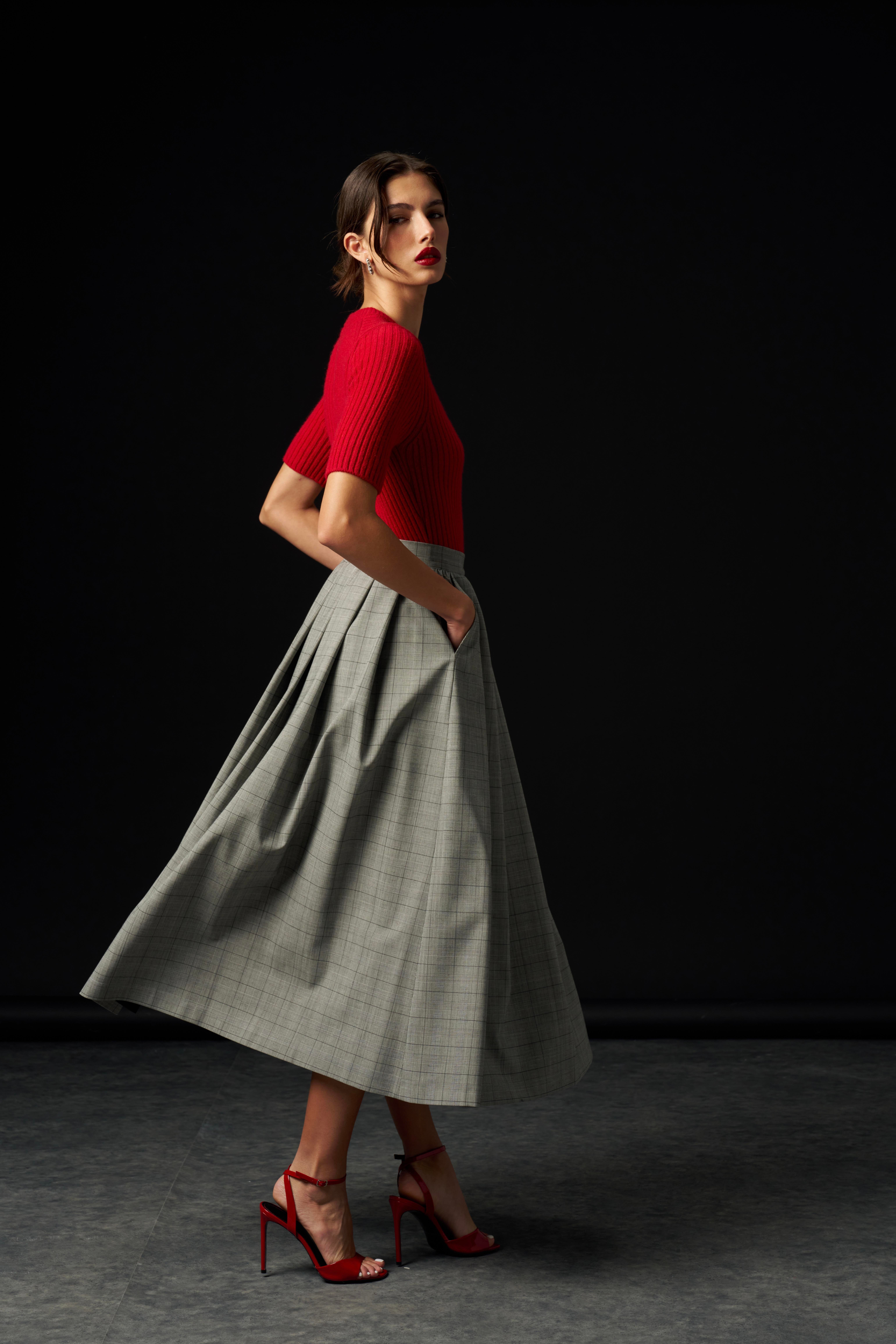 Gri Kareli Yünlü Kalın Pileli Etek