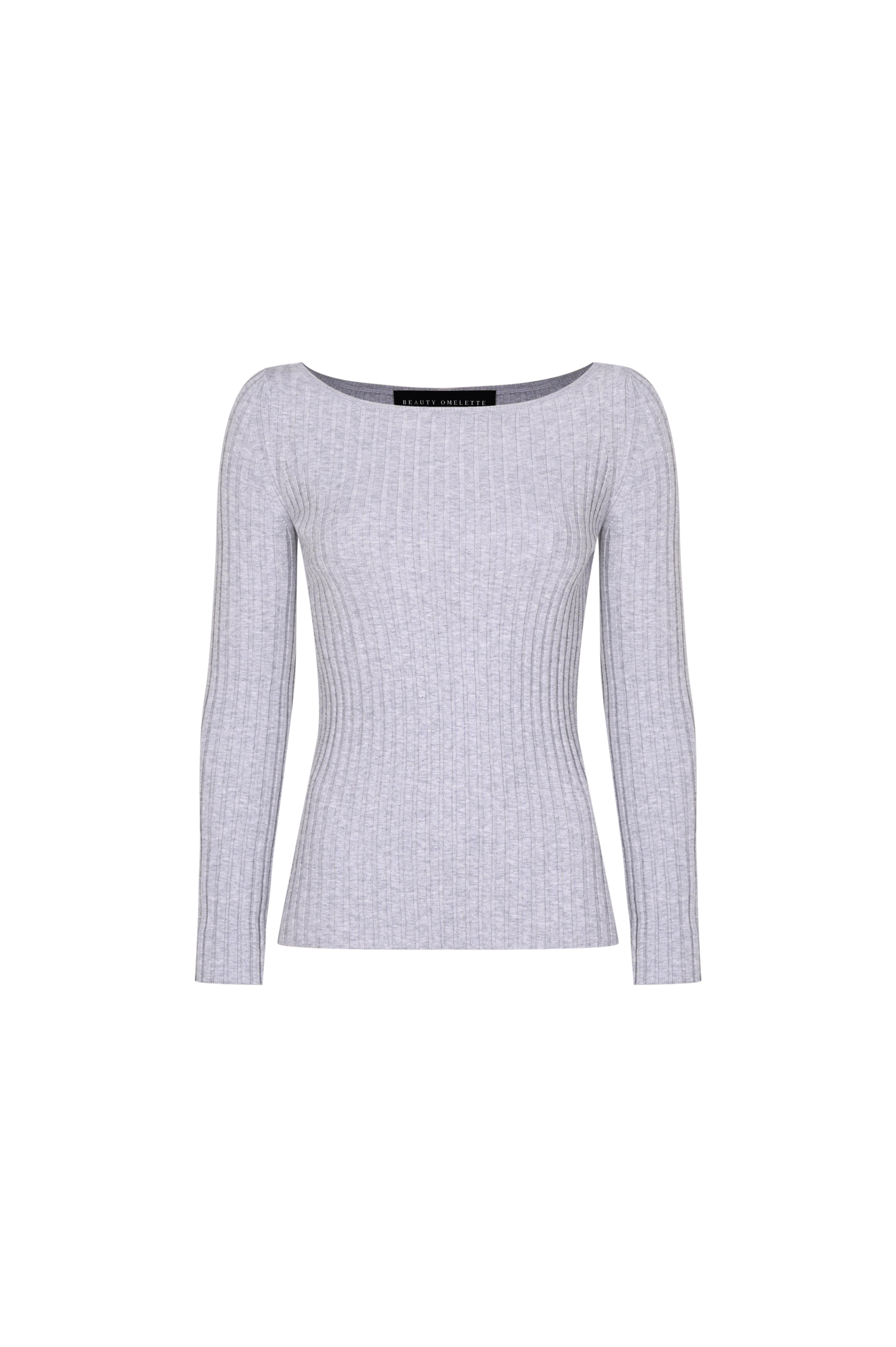 Gri Kayık Yaka Ribli Triko Kazak