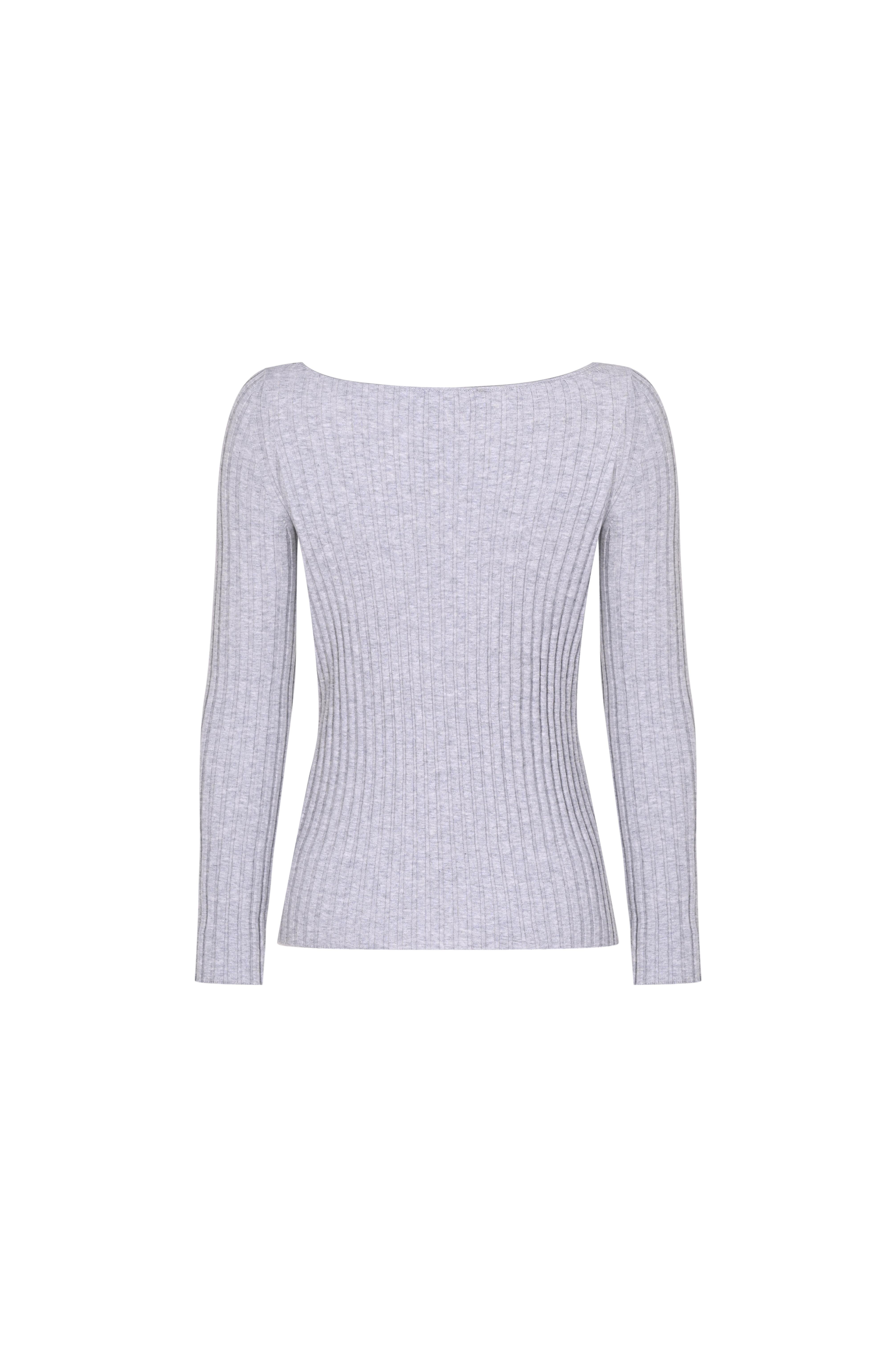 Gri Kayık Yaka Ribli Triko Kazak