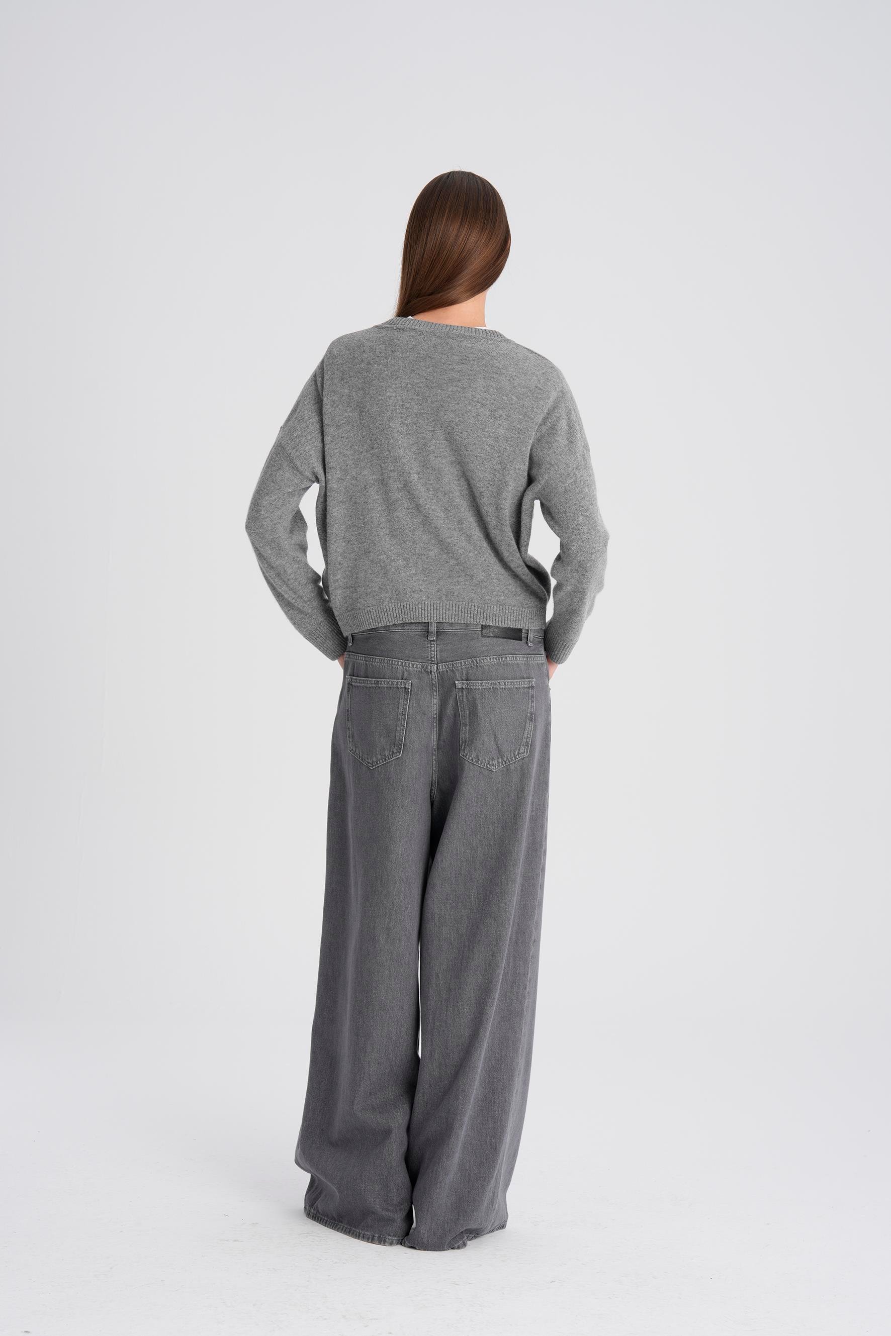 Gri Kordonlu Wide Leg Jean