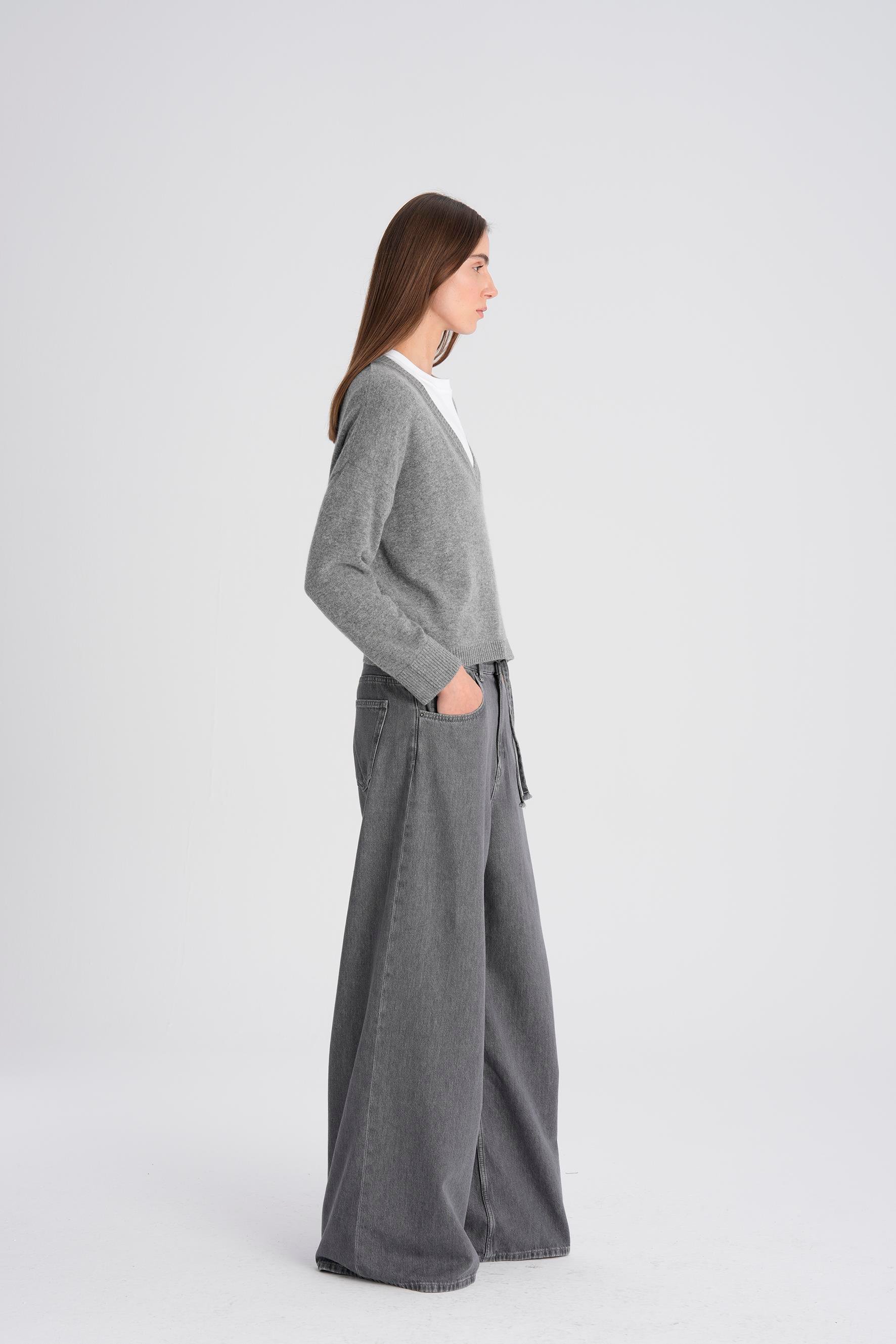 Gri Kordonlu Wide Leg Jean