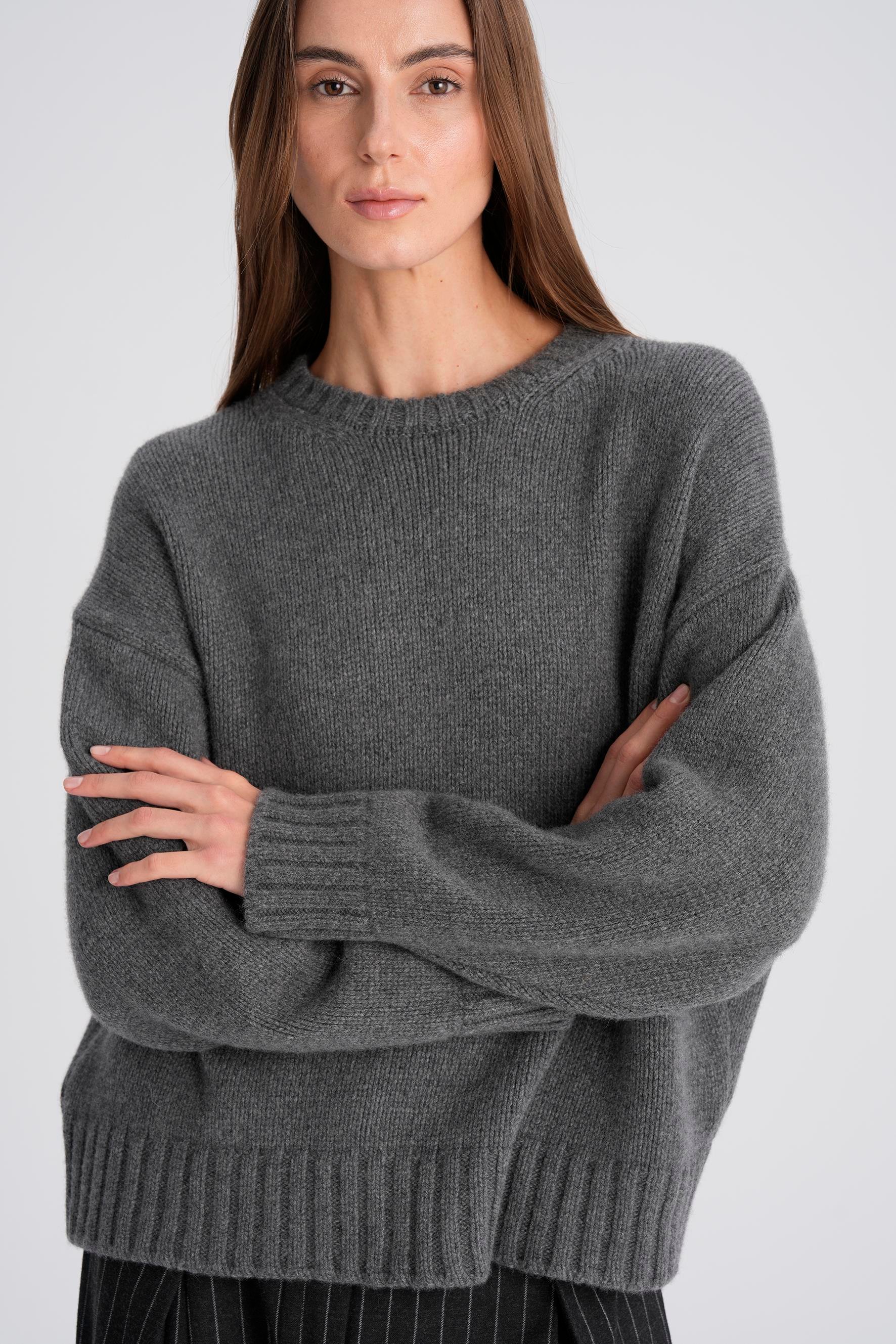 Gri Melanj %100 Kaşmir Bisiklet Yaka Oversize Kazak