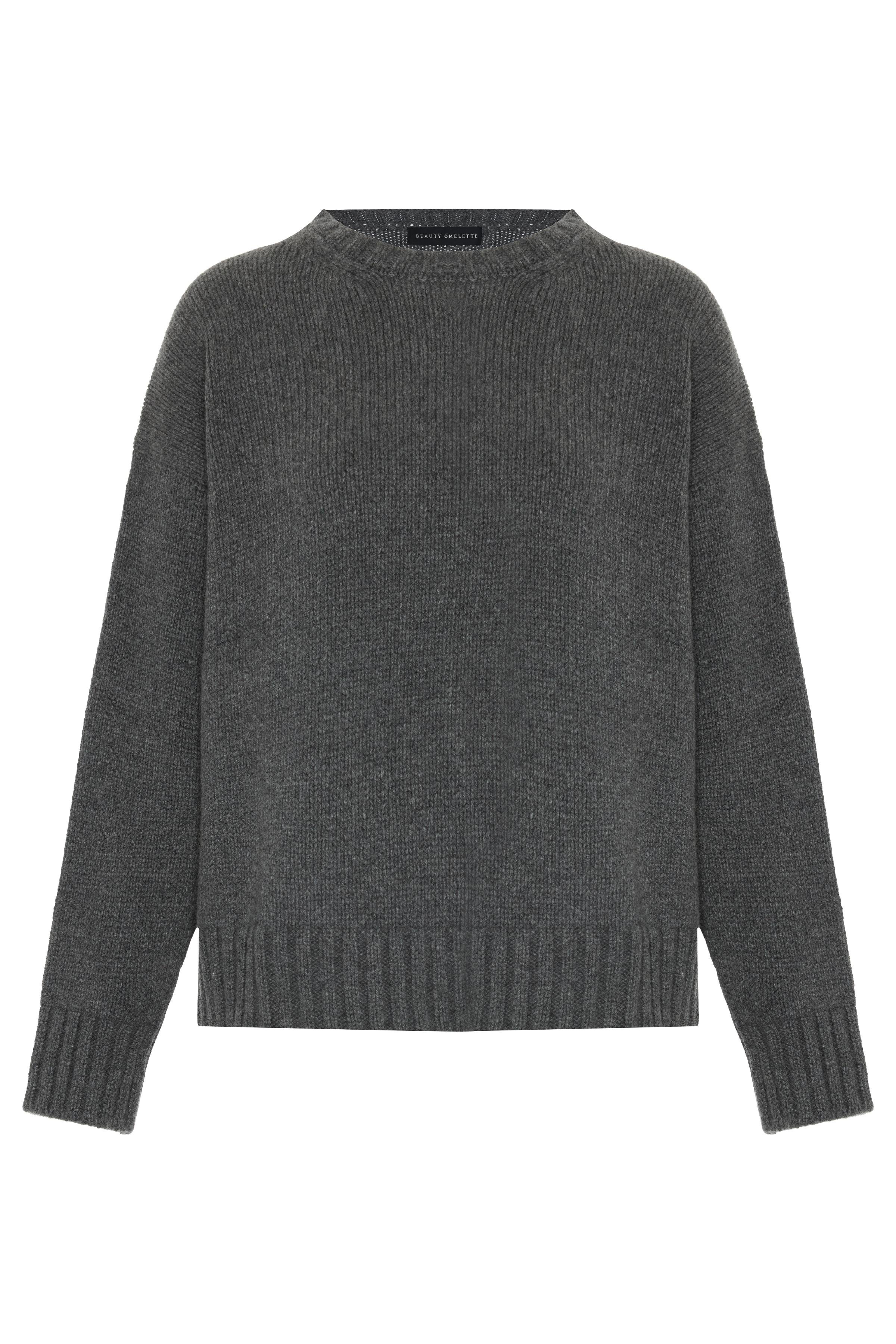 Gri Melanj %100 Kaşmir Bisiklet Yaka Oversize Kazak