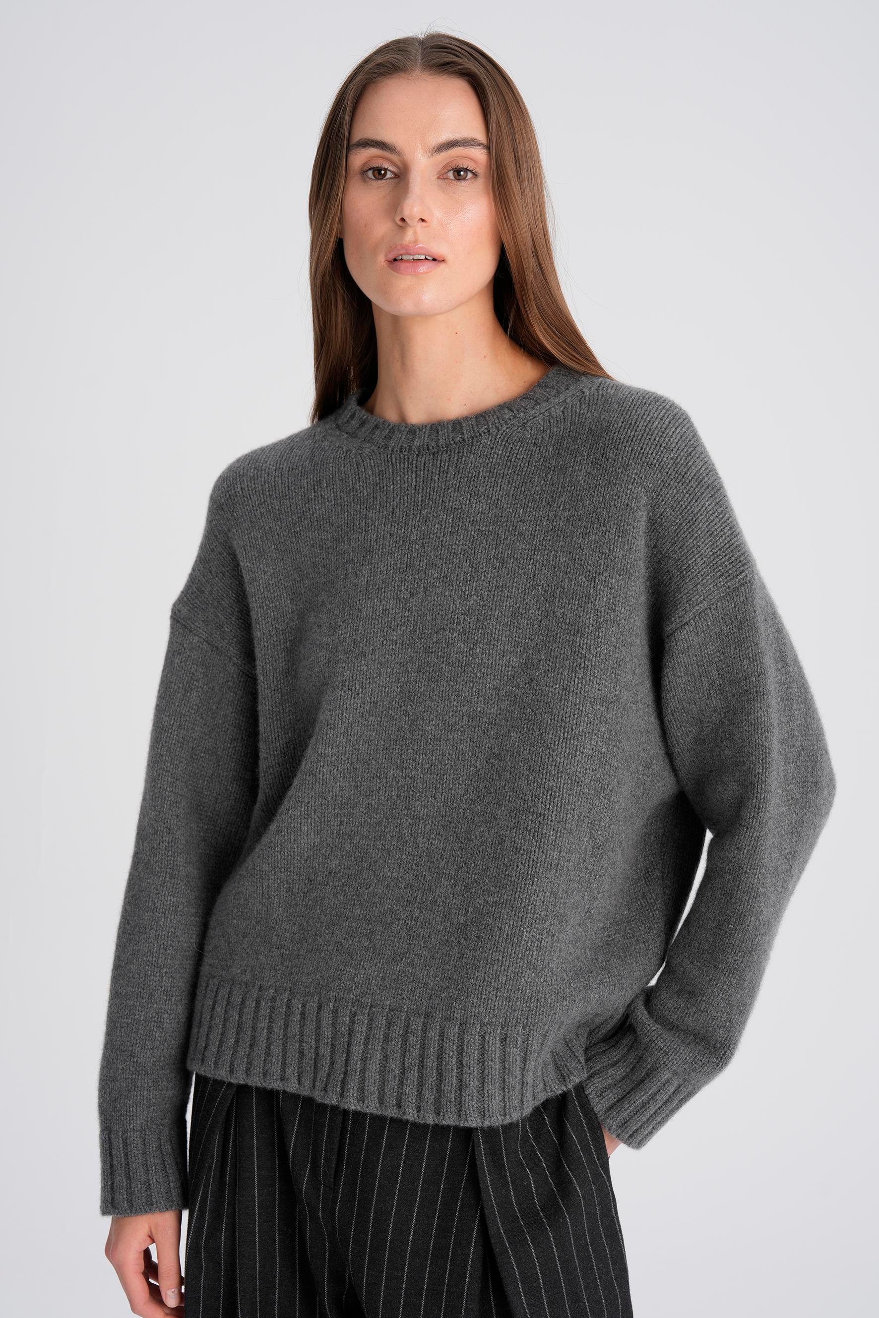 Gri Melanj %100 Kaşmir Bisiklet Yaka Oversize Kazak