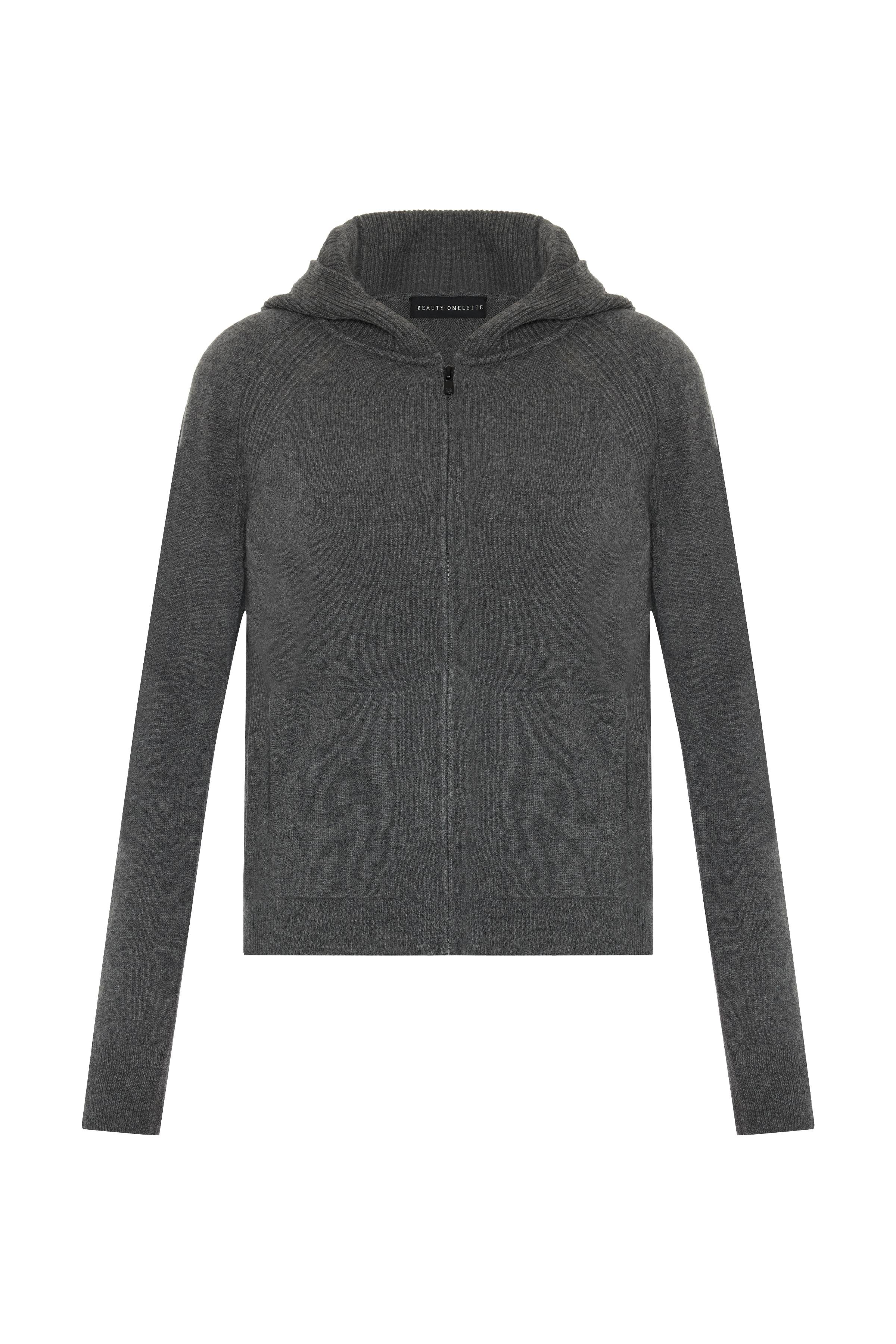 Gri Melanj %100 Kaşmir Kapüşonlu Hırka