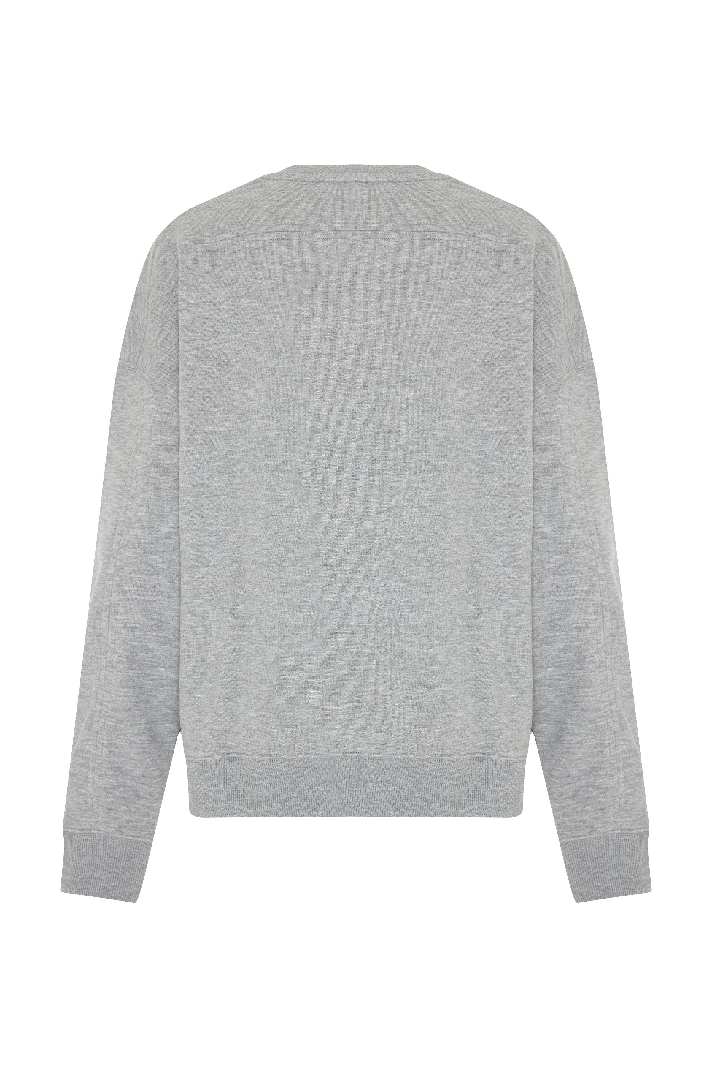 Gri Melanj Baskılı Bisiklet Yaka Sweatshirt