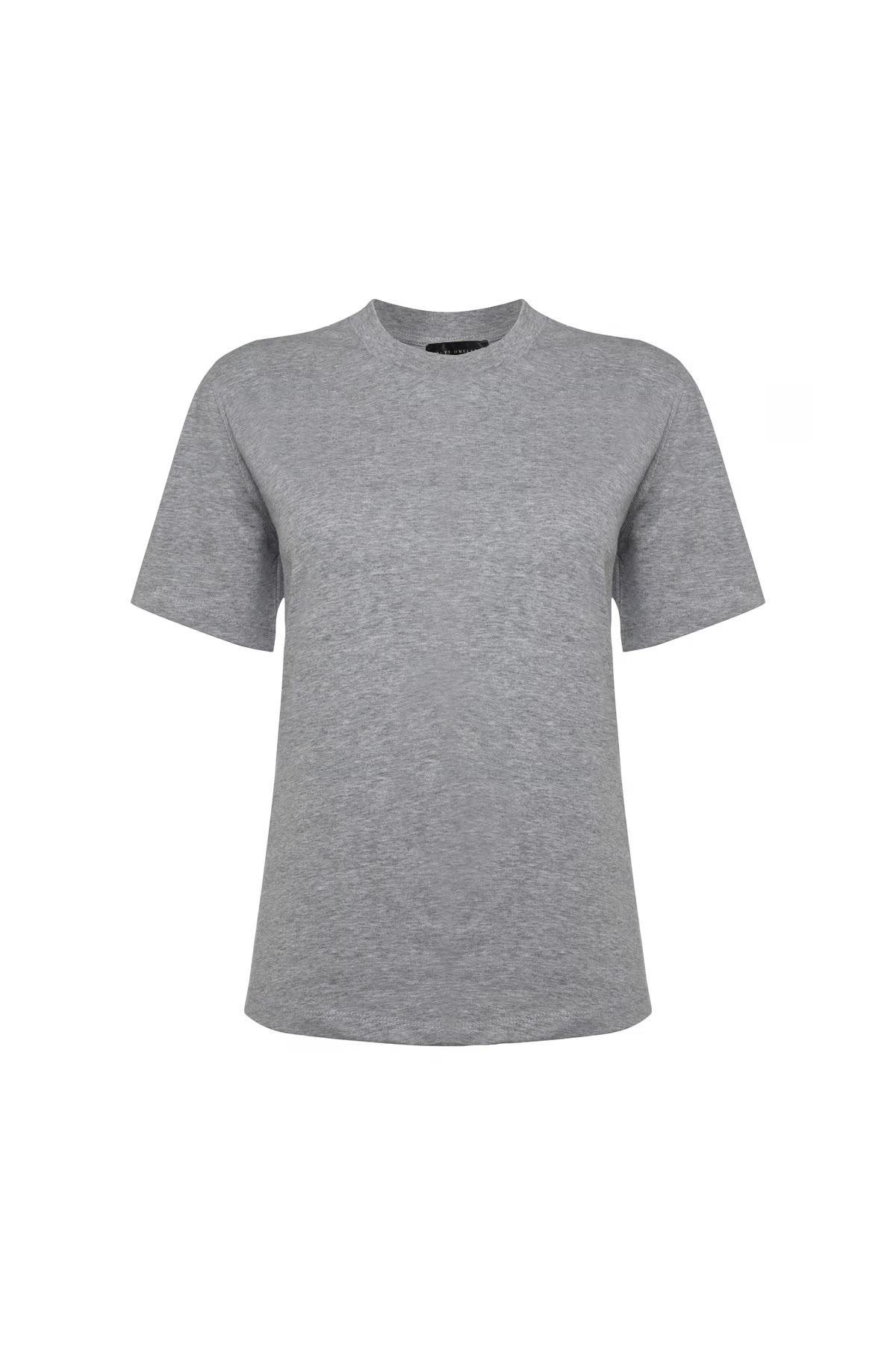 Gri Melanj Bisiklet Yaka Kısa Kol Basic Tshirt