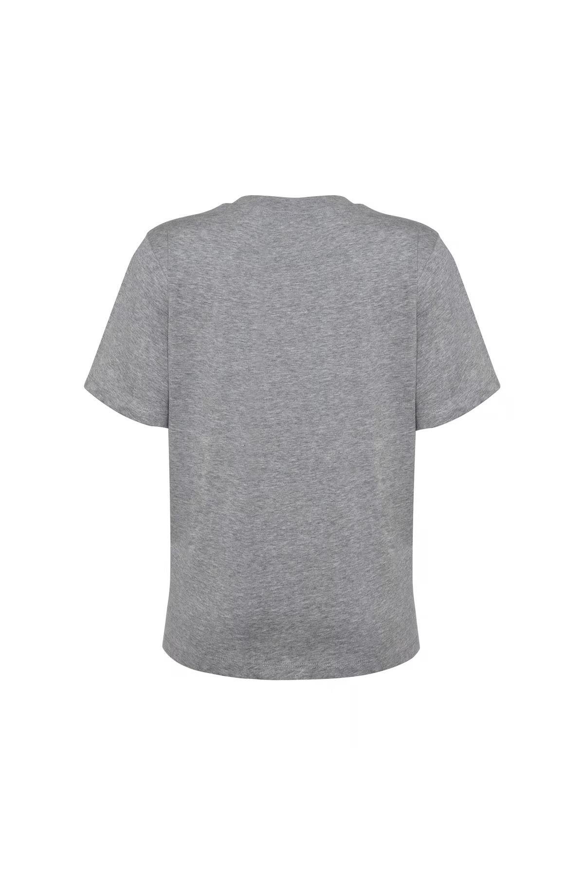 Gri Melanj Bisiklet Yaka Kısa Kol Basic Tshirt