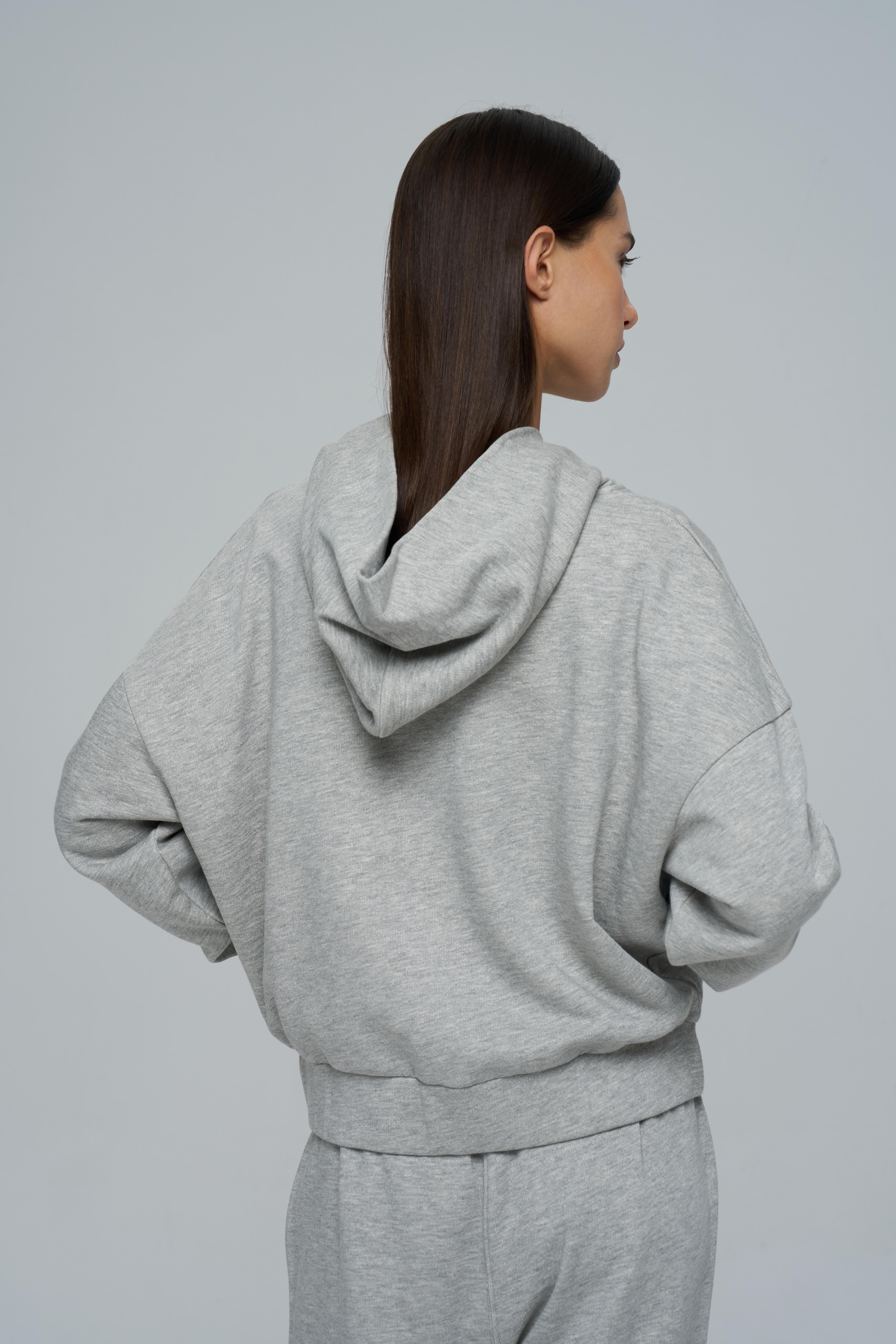 Gri Melanj Fermuarlı Kısa Hoodie