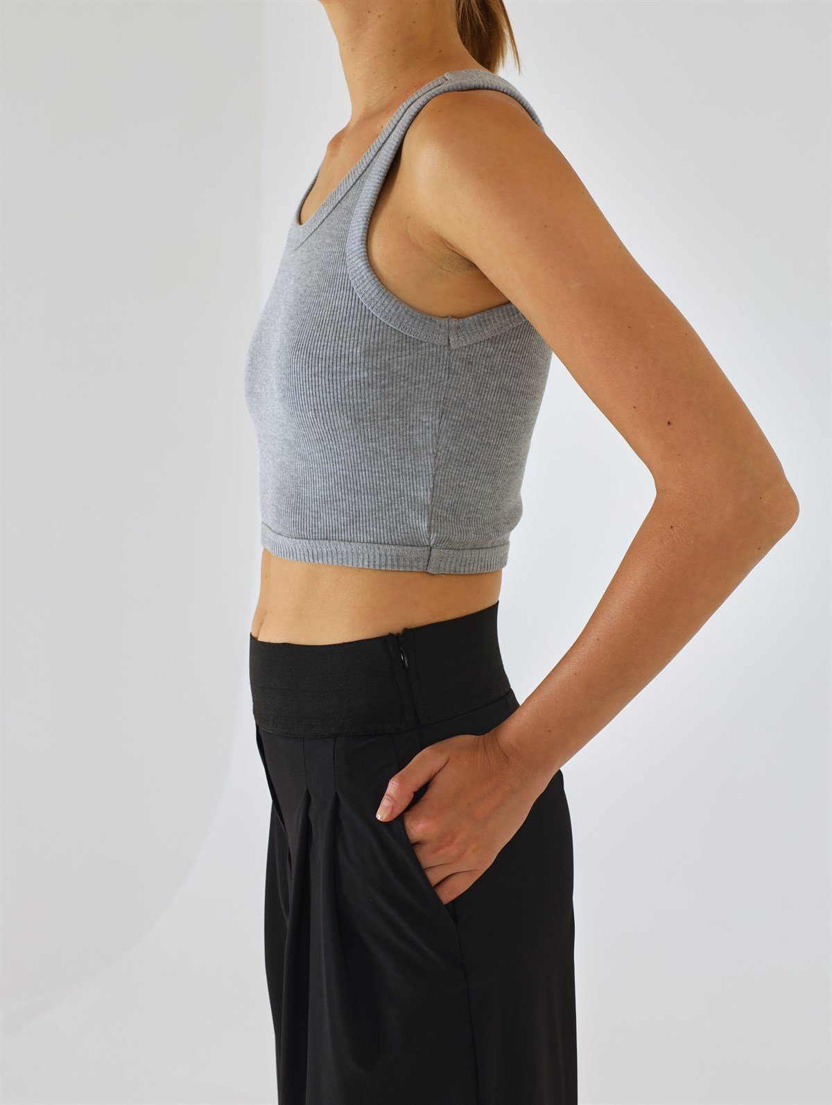 Gri Melanj Fitilli Crop Top