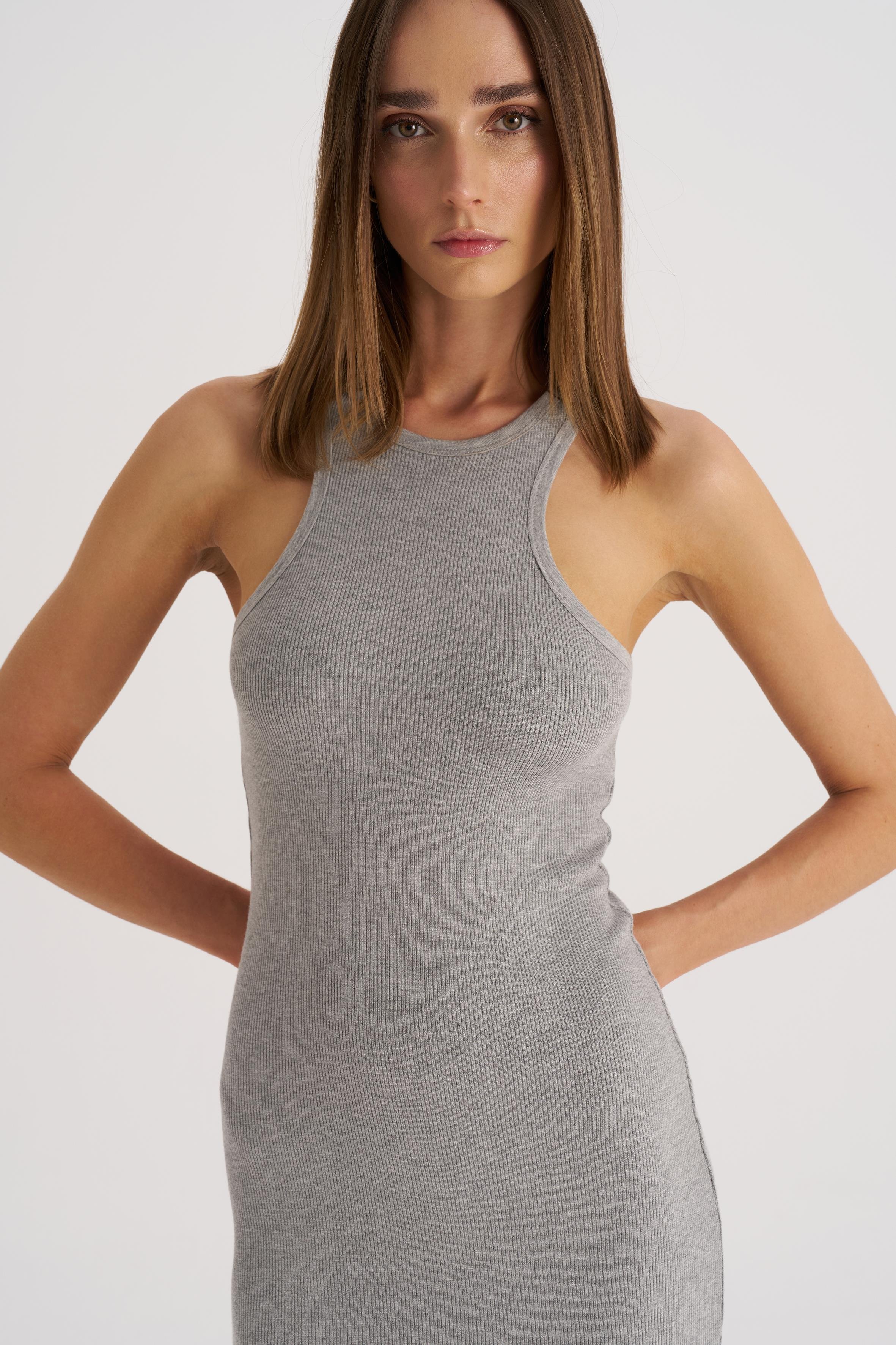 Gri Melanj Kaşkorse Halter Yaka Mini Elbise
