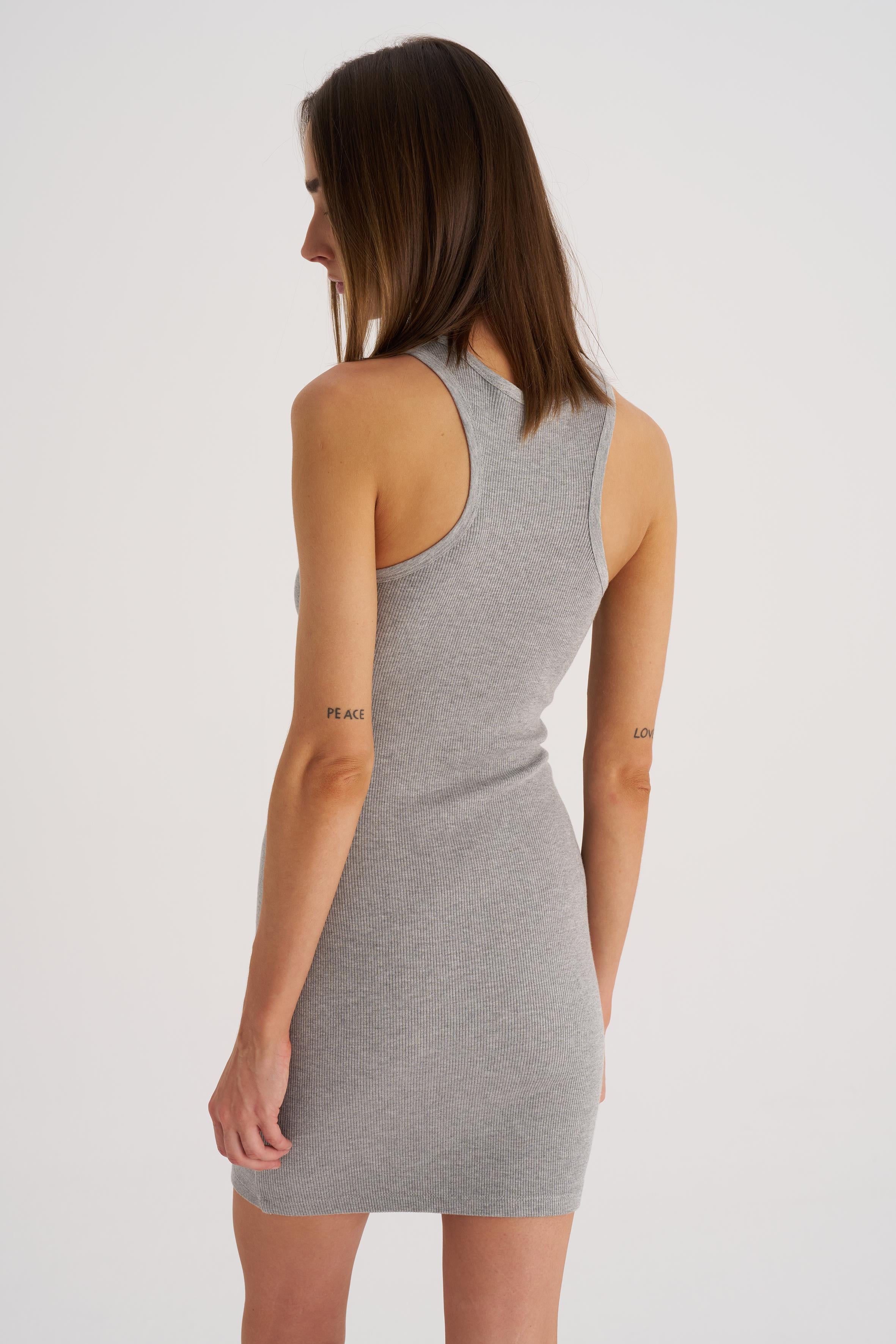 Gri Melanj Kaşkorse Halter Yaka Mini Elbise