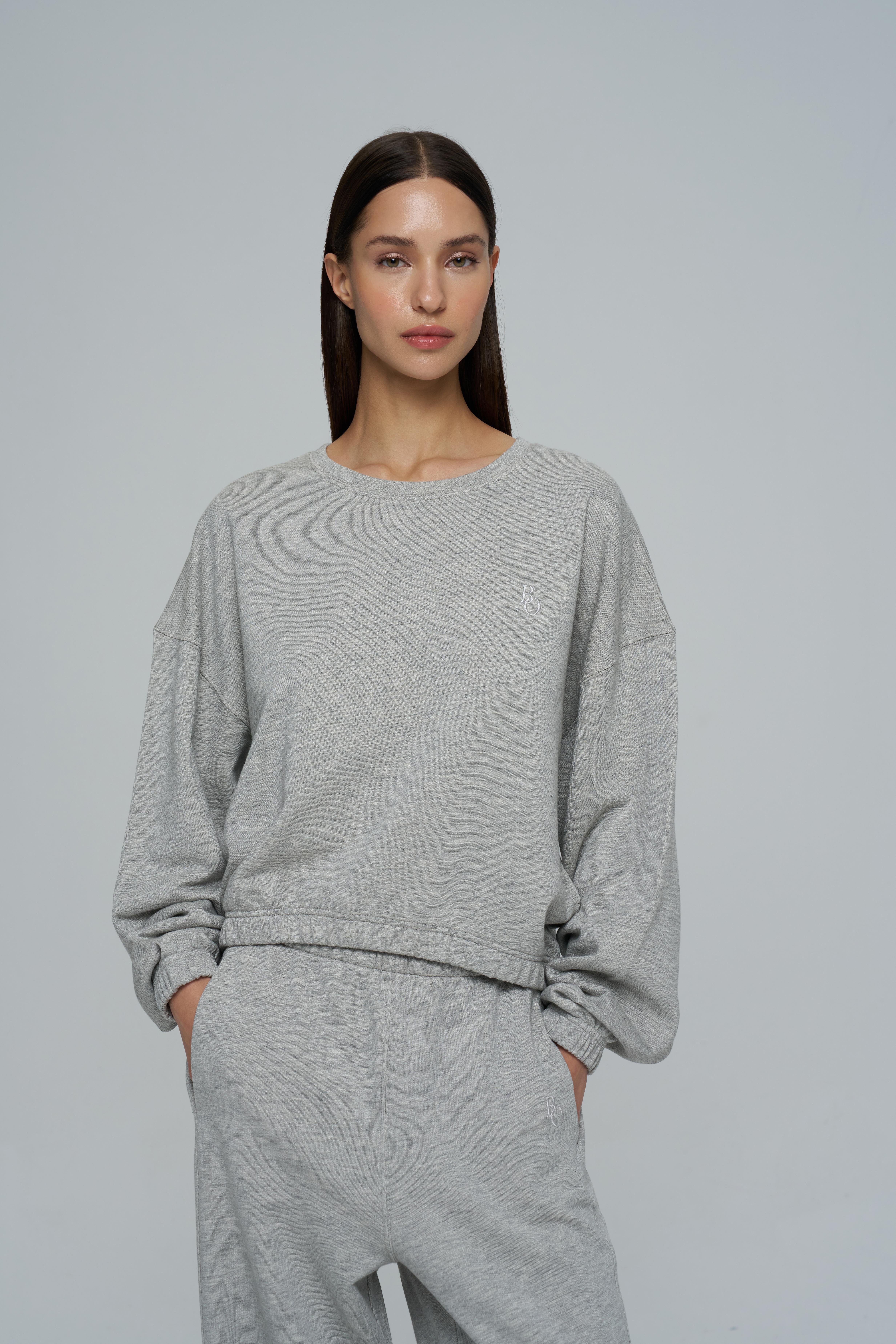 Gri Melanj Lastik Detaylı Sweatshirt