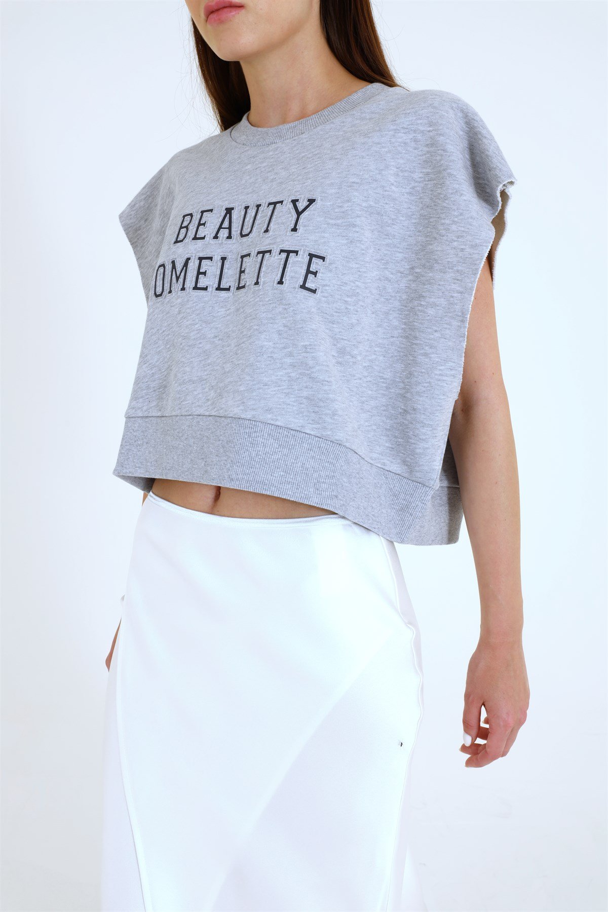 Gri Melanj Logolu Crop Sweatshirt