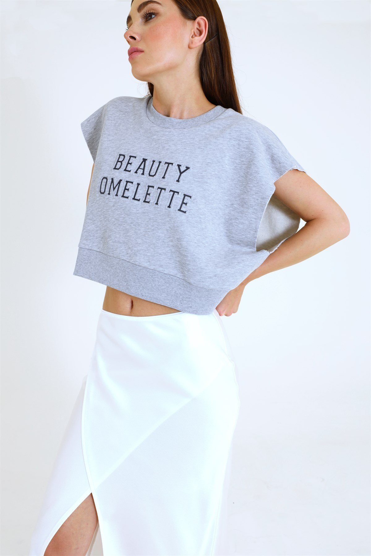 Gri Melanj Logolu Crop Sweatshirt