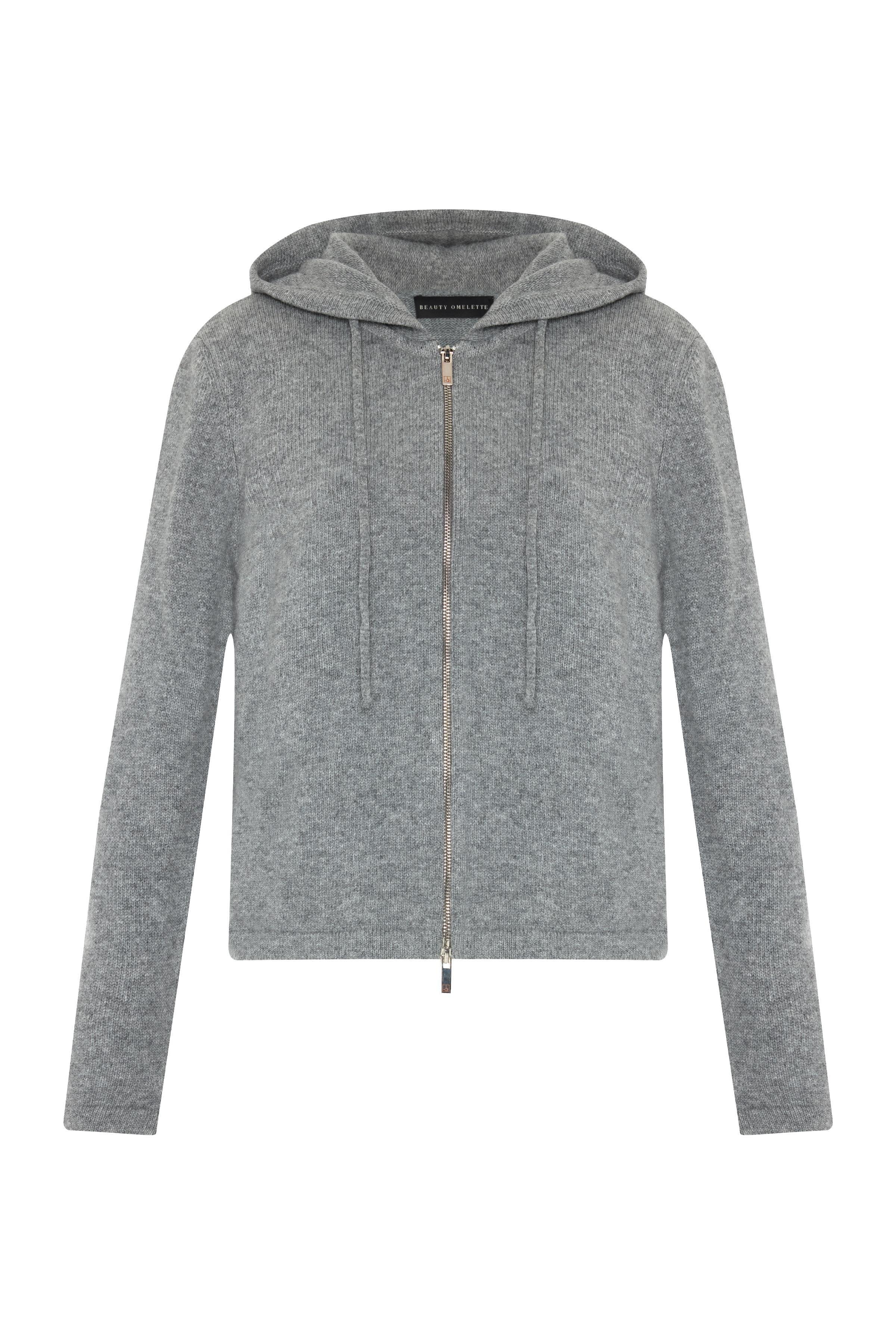 Gri Melanj Yünlü Fermaurlı Kapişonlu Hırka