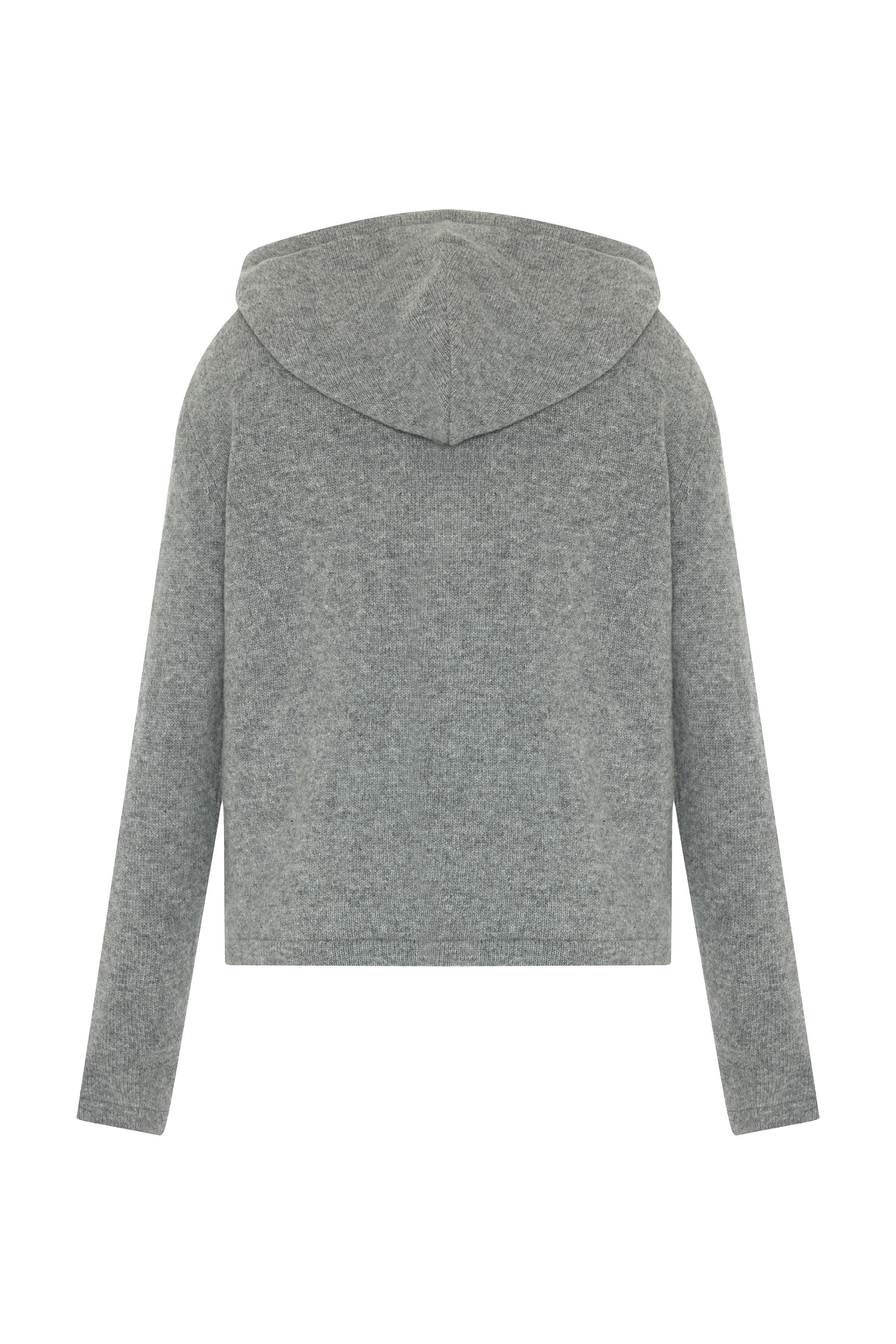 Gri Melanj Yünlü Fermaurlı Kapişonlu Hırka