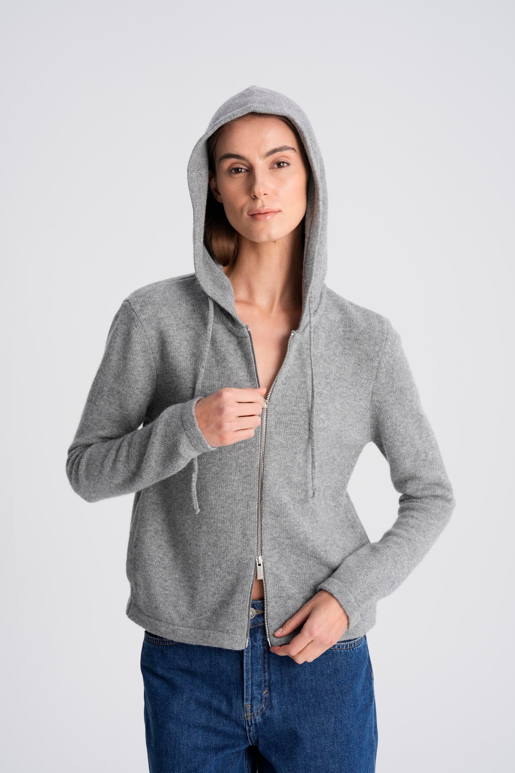 Gri Melanj Yünlü Fermaurlı Kapişonlu Hırka