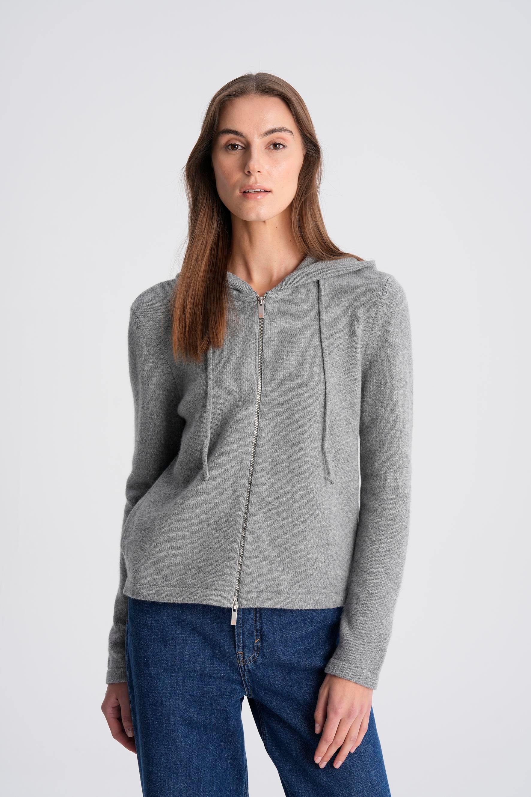 Gri Melanj Yünlü Fermaurlı Kapişonlu Hırka