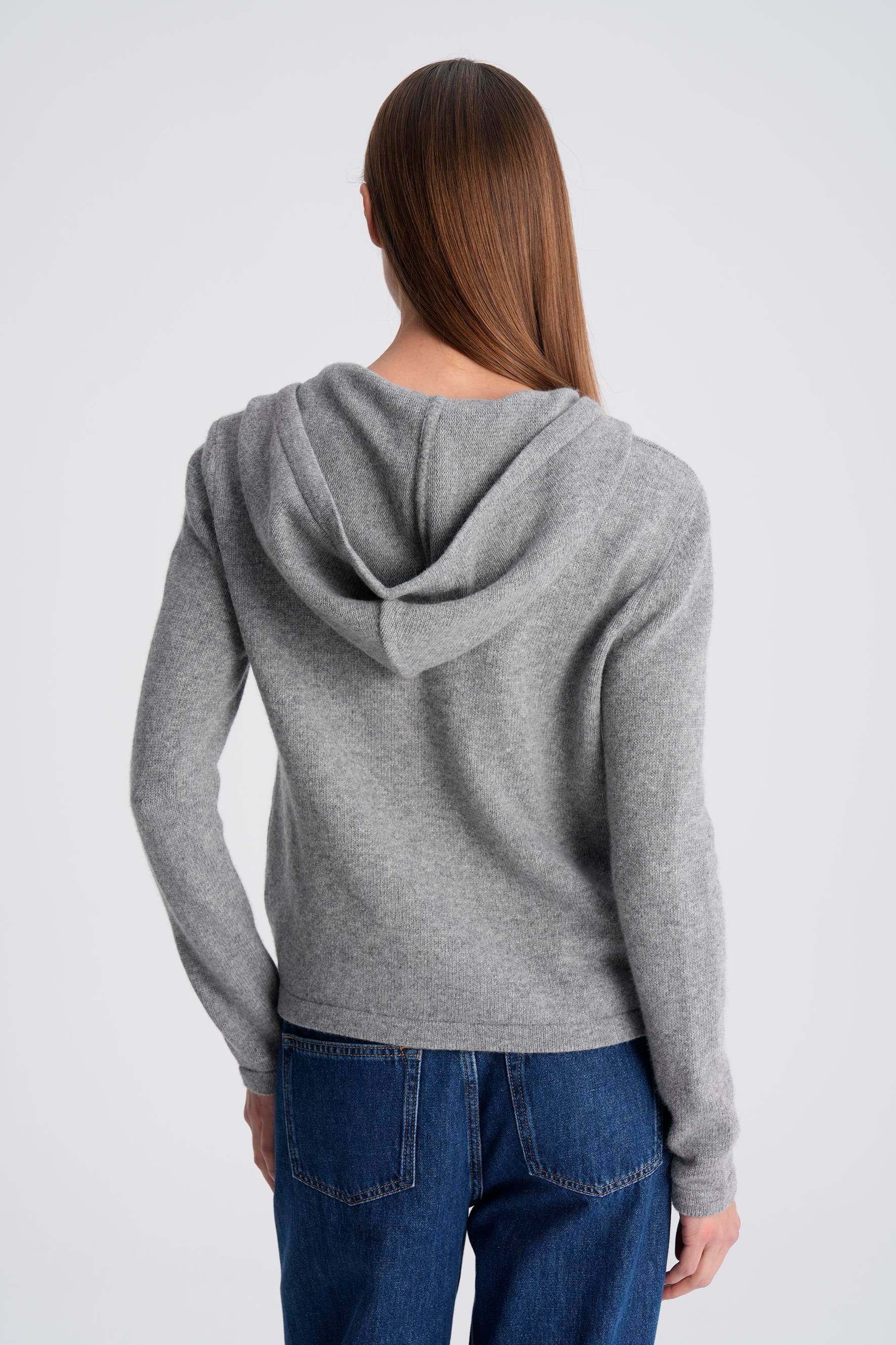 Gri Melanj Yünlü Fermaurlı Kapişonlu Hırka