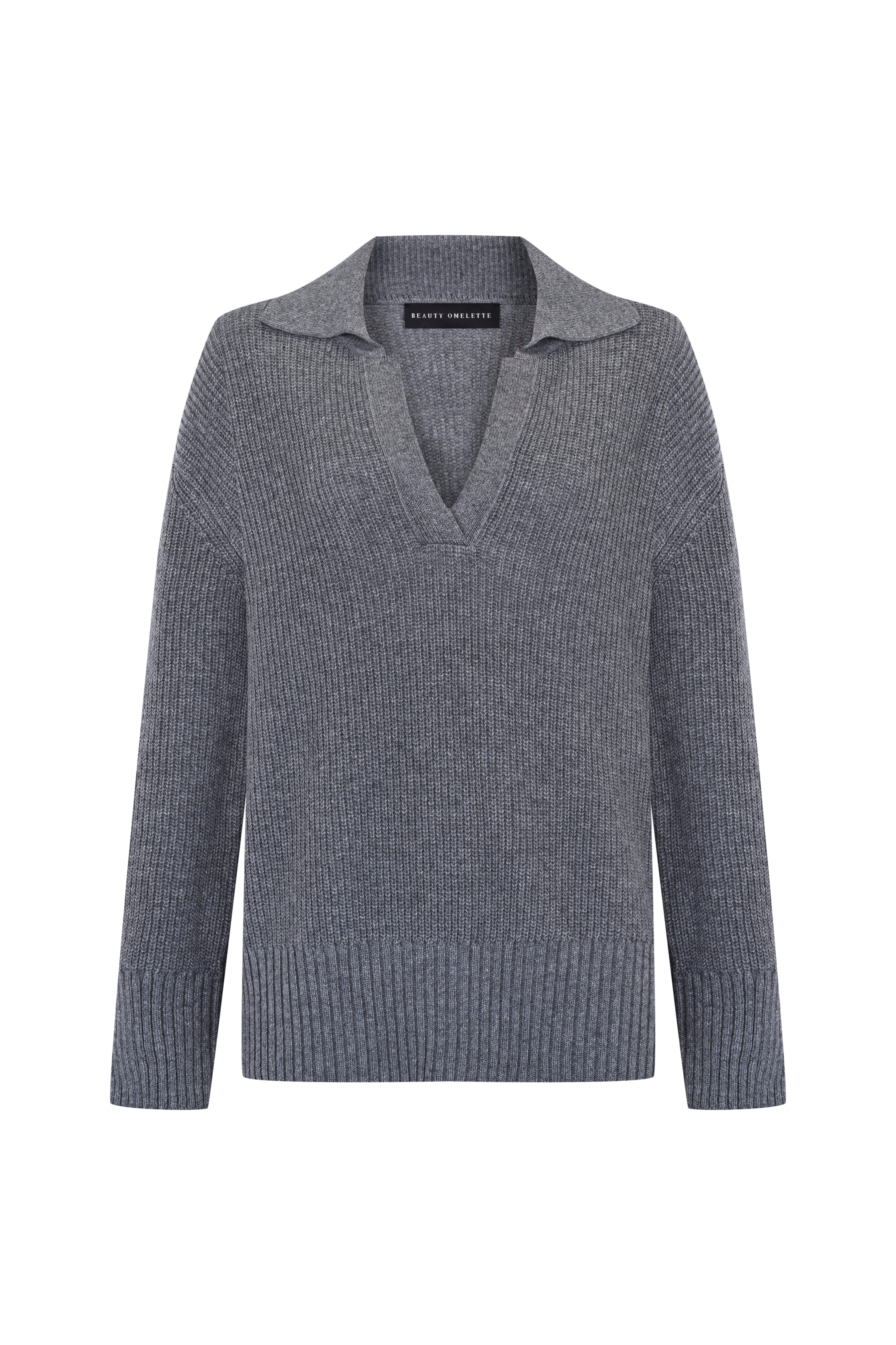 Gri Polo Yaka Ribli Yün Kazak