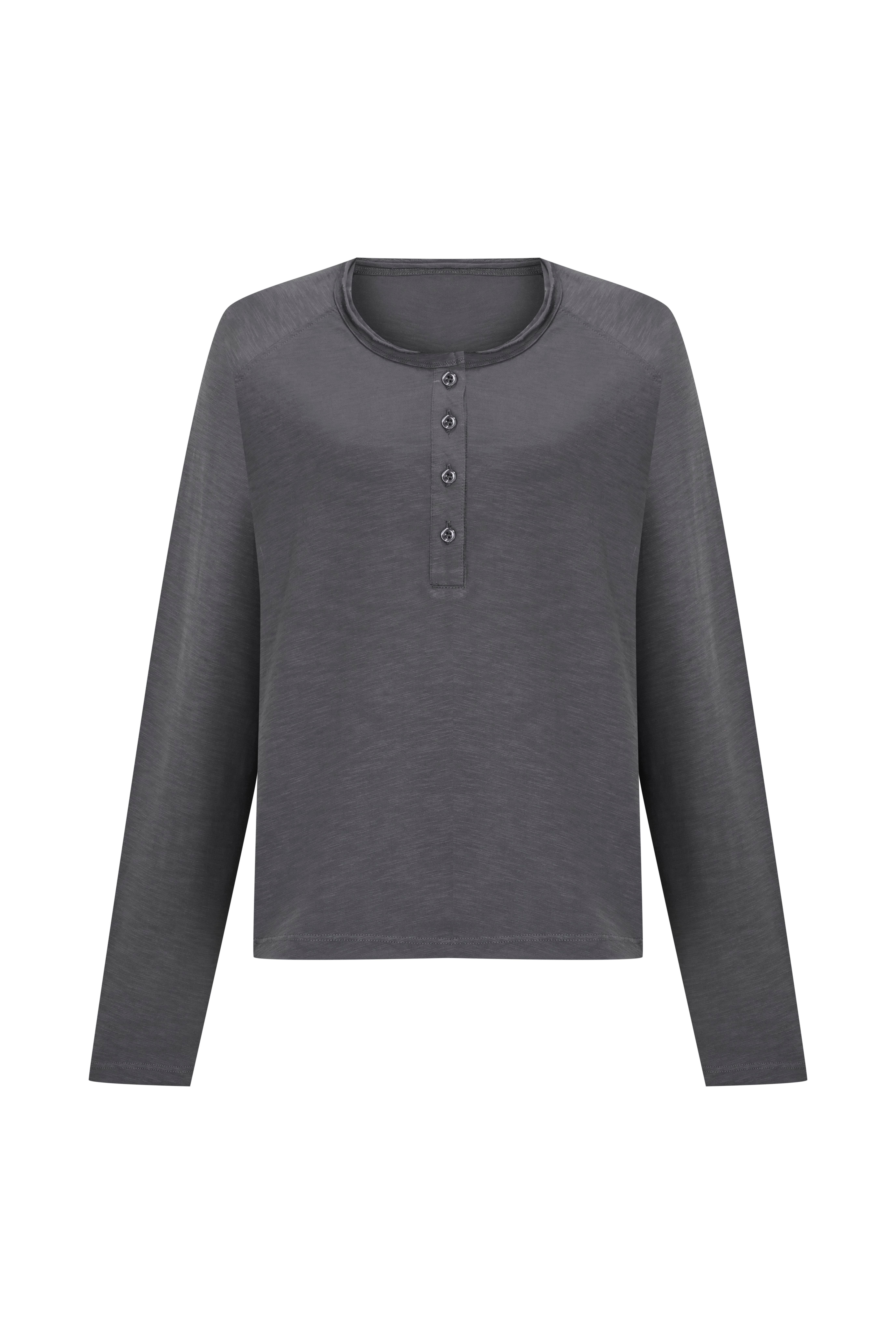 Gri Soluk Efektli Flamlı Uzun Kol Tshirt