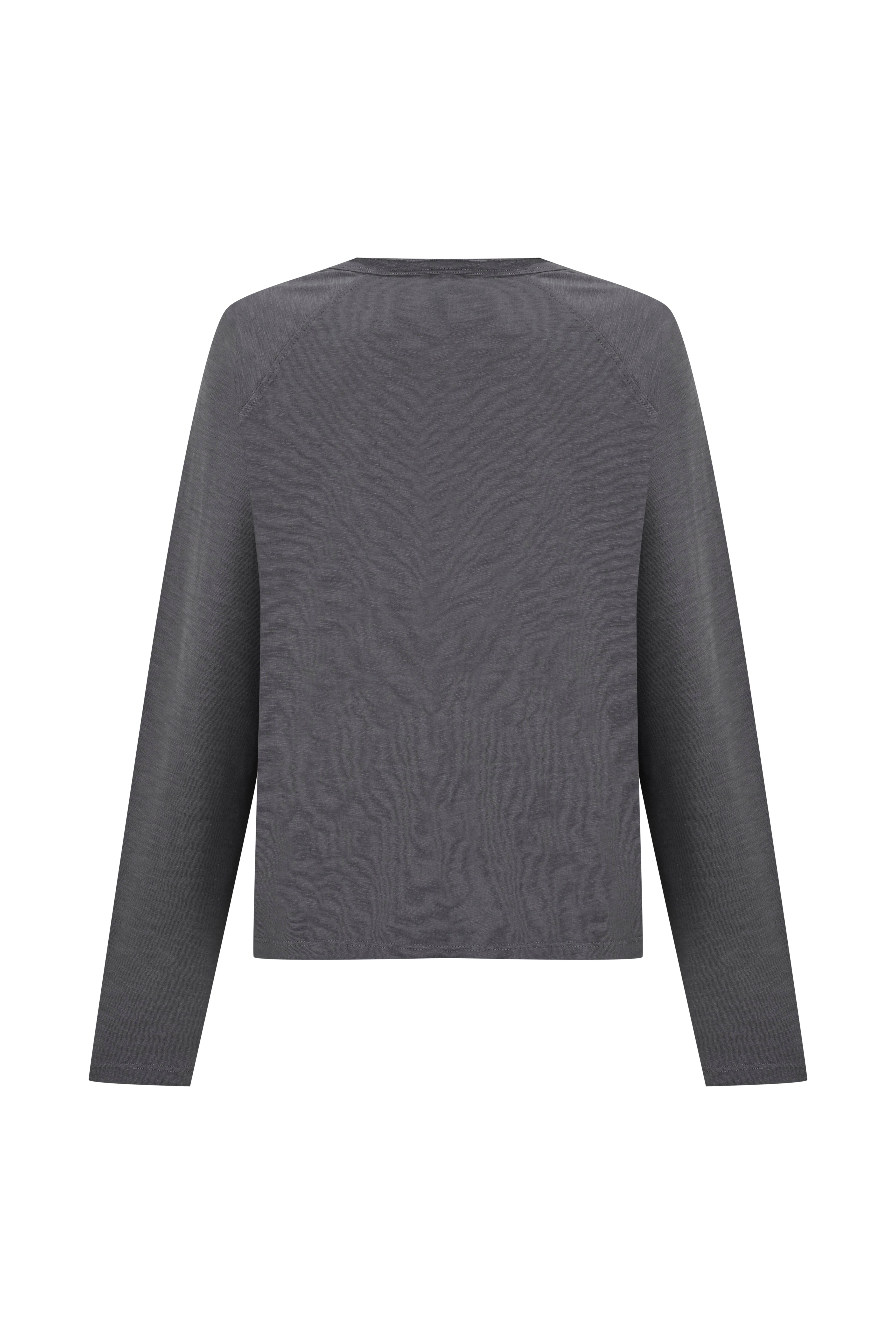 Gri Soluk Efektli Flamlı Uzun Kol Tshirt