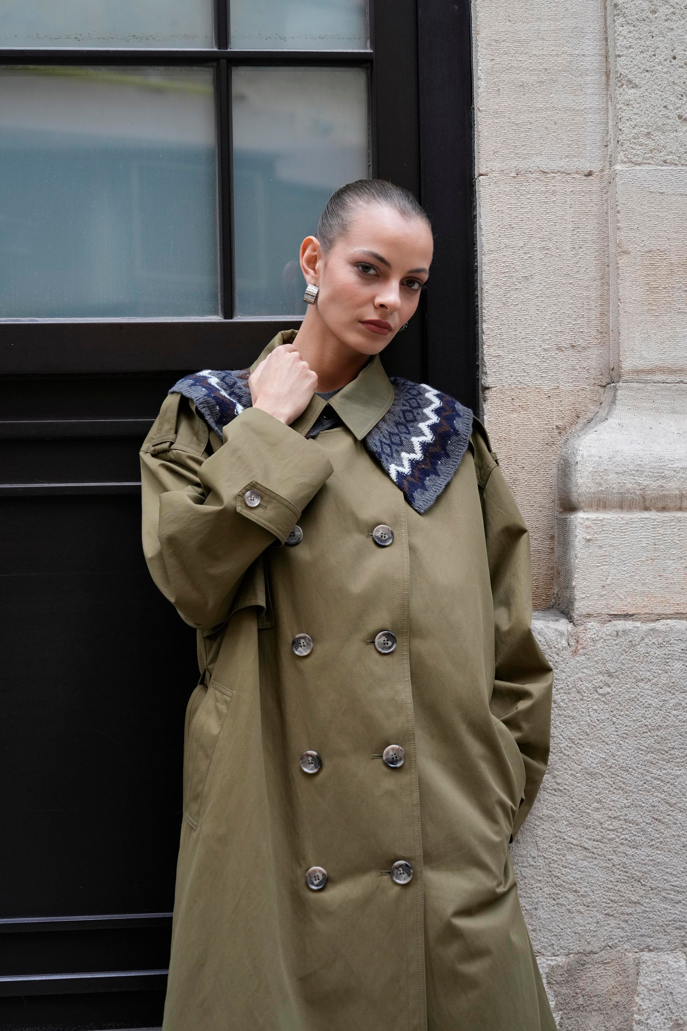 Gri Yün Kaşmir Karışımlı Jakarlı Yakalık