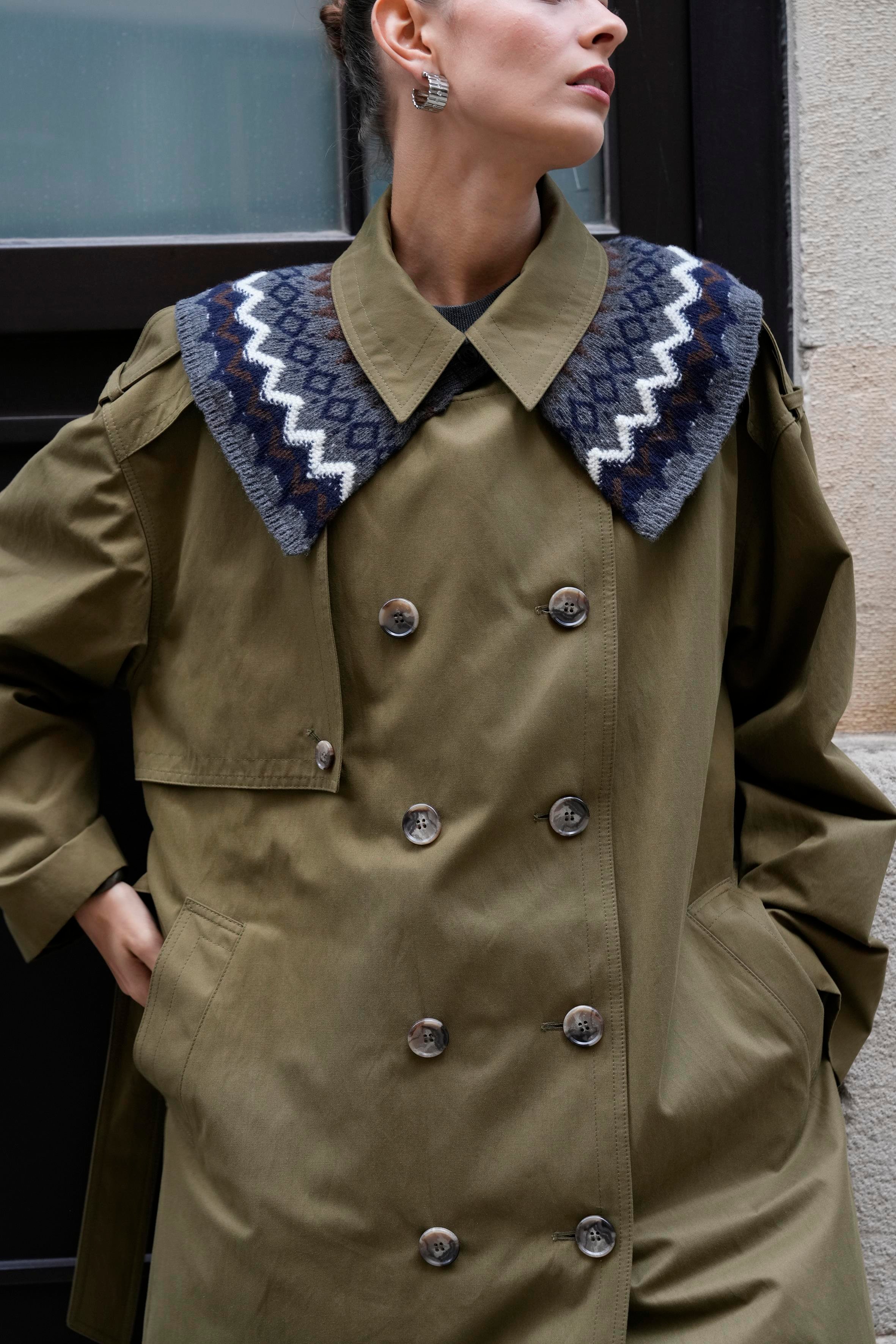 Gri Yün Kaşmir Karışımlı Jakarlı Yakalık