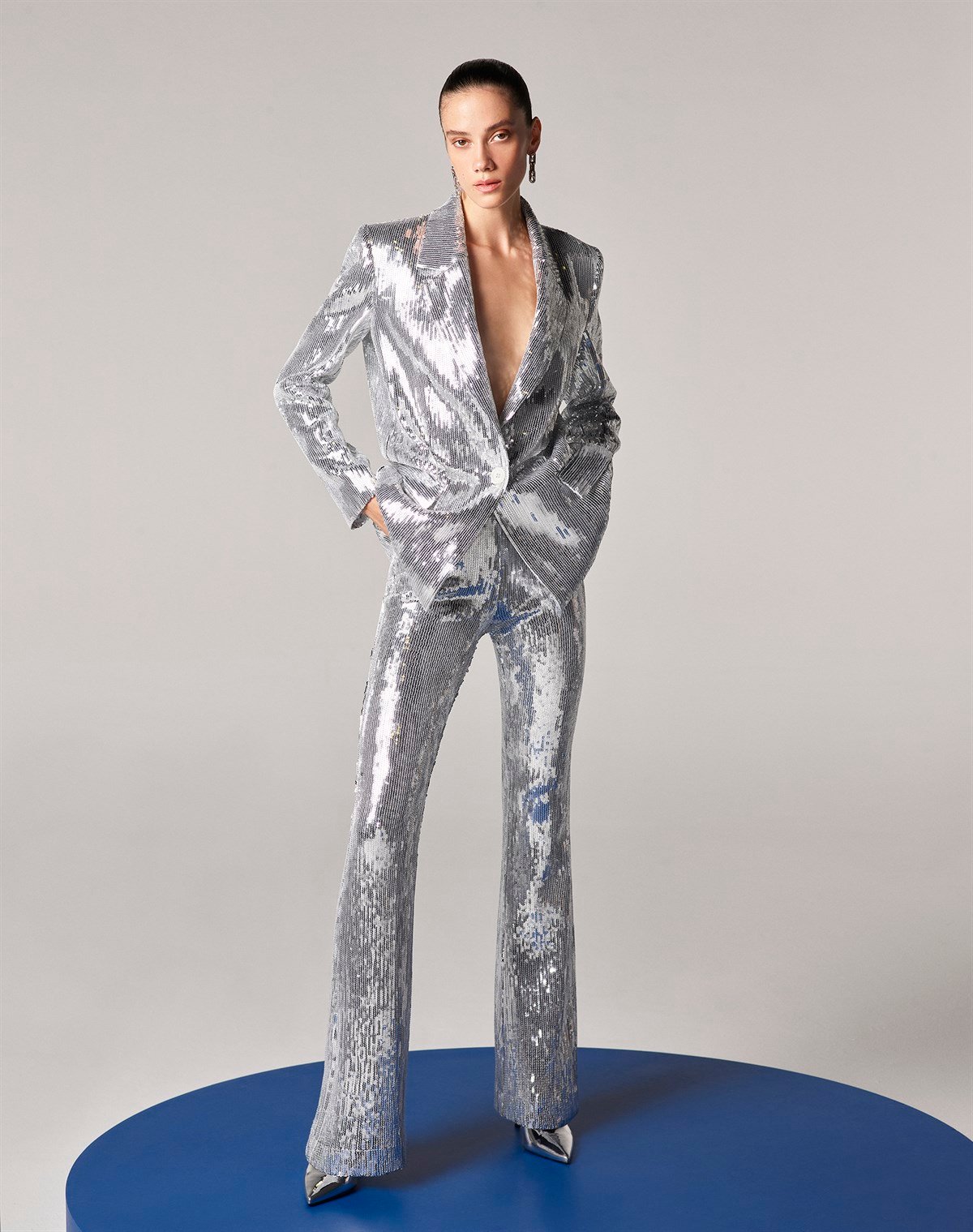 Gümüş Payetli Flare Pantolon - Special Edition