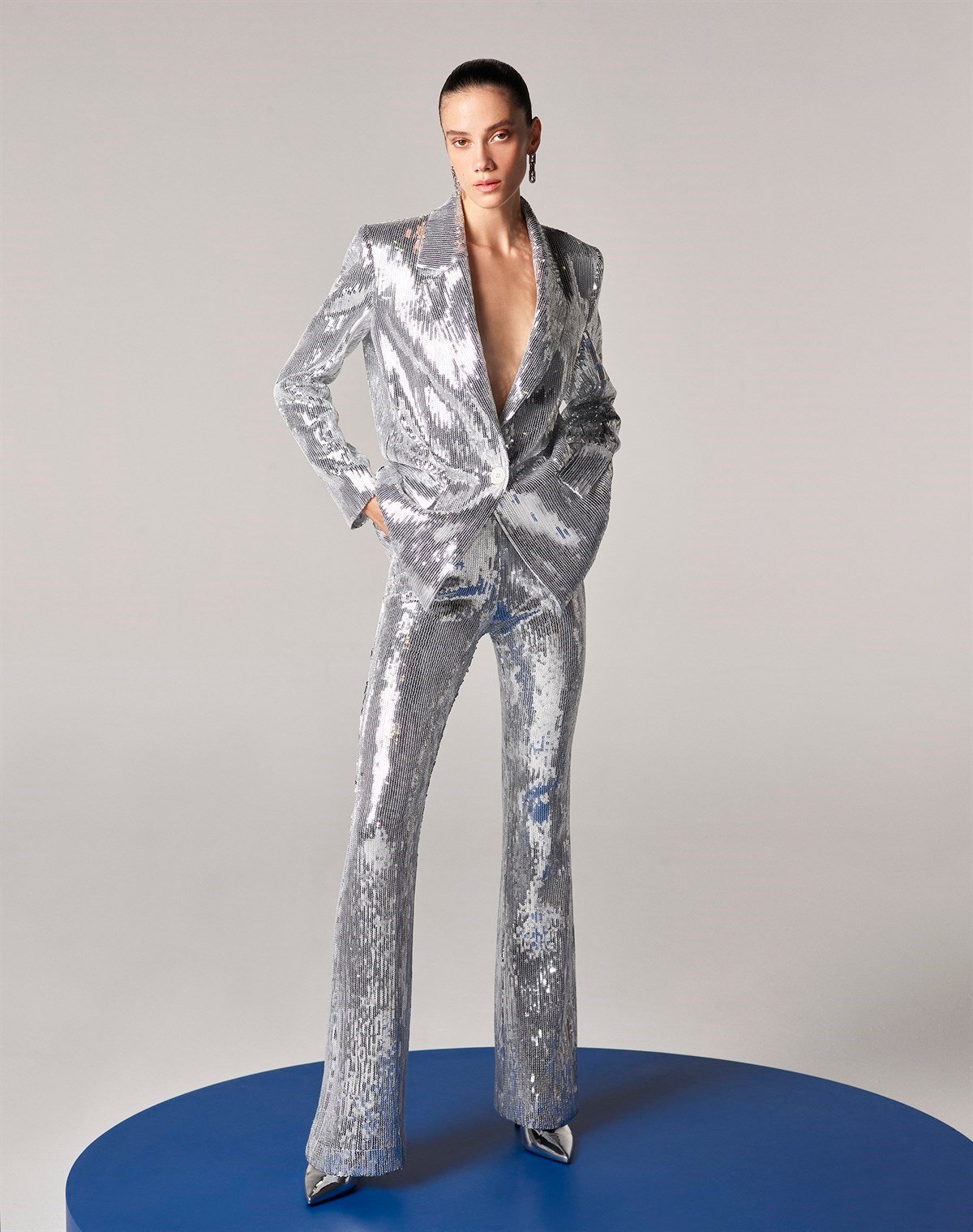 Gümüş Payetli Vatkalı Oversize Blazer - Special Edition