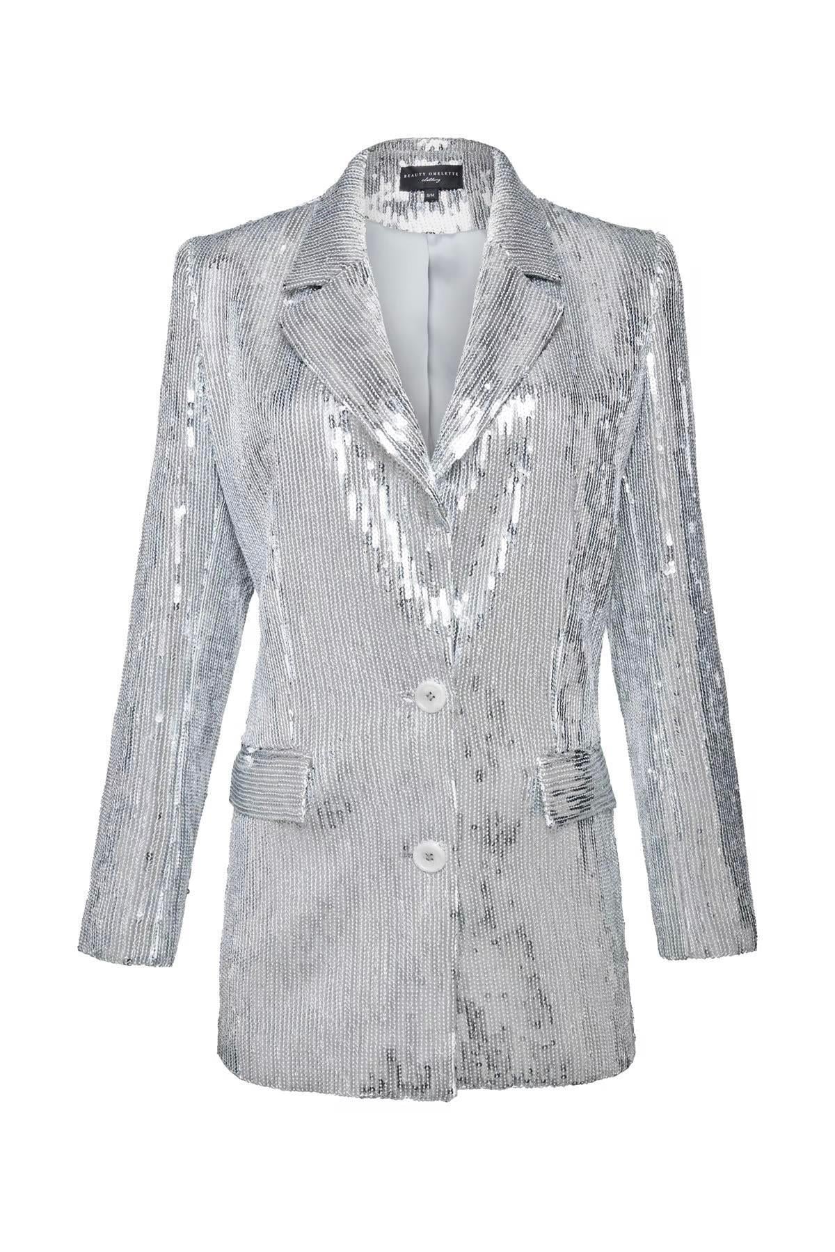 Gümüş Payetli Vatkalı Oversize Blazer - Exclusive Collection