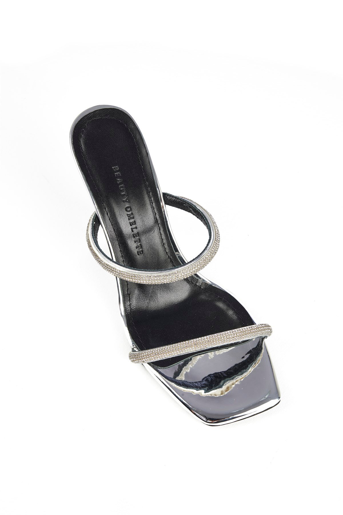 Gümüş Taşlı Çift  Bantlı Topuklu Deri Terlik