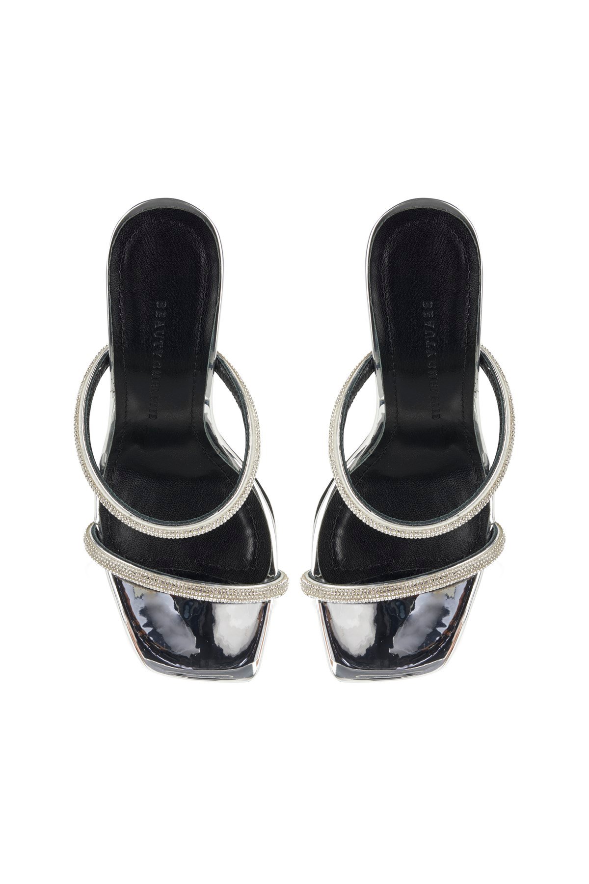 Gümüş Taşlı Çift  Bantlı Topuklu Deri Terlik