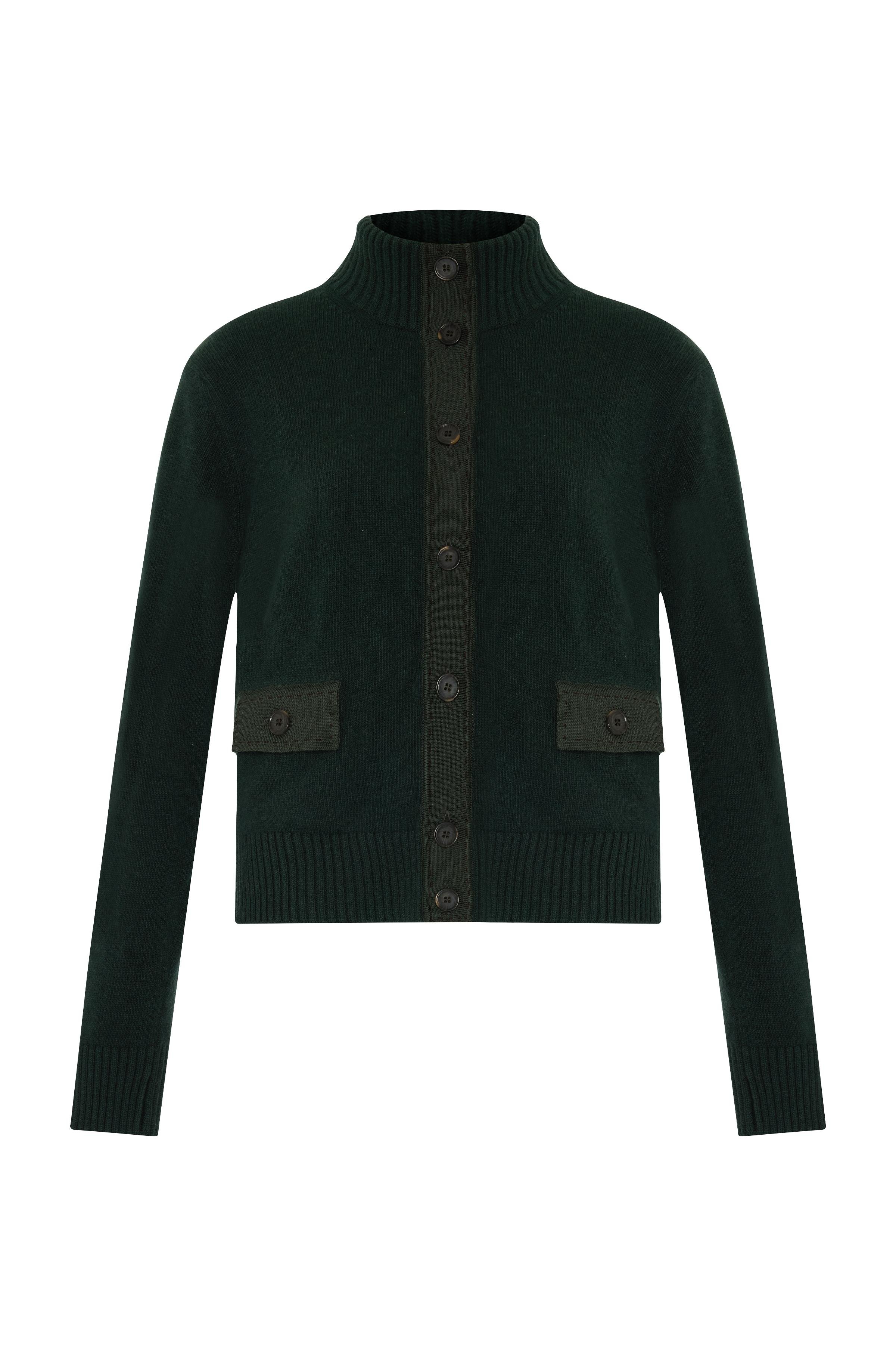 Haki Dikiş Detaylı Dik Yaka Düğmeli Hırka