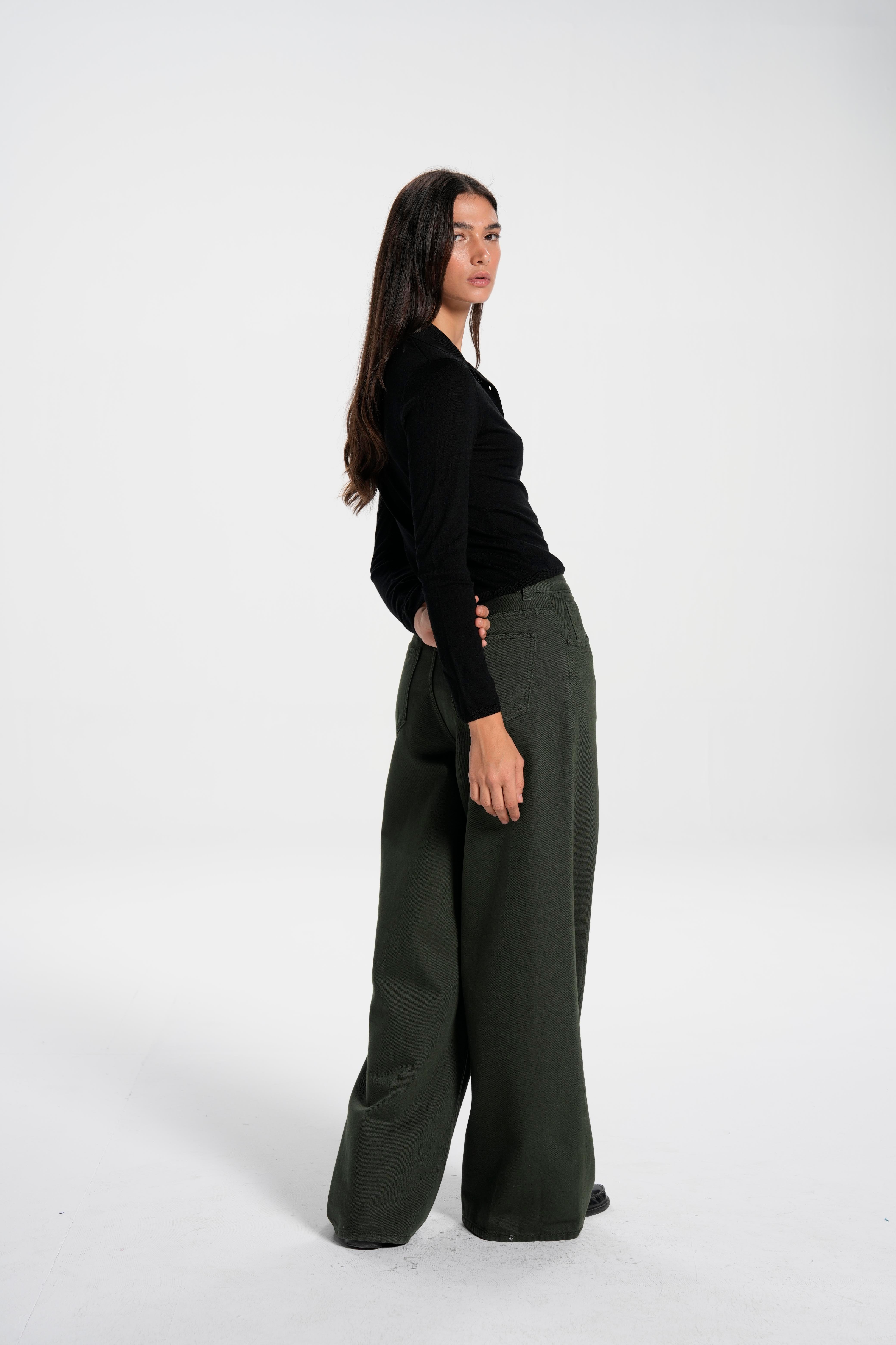 Haki Kordonlu Wide Leg Jean