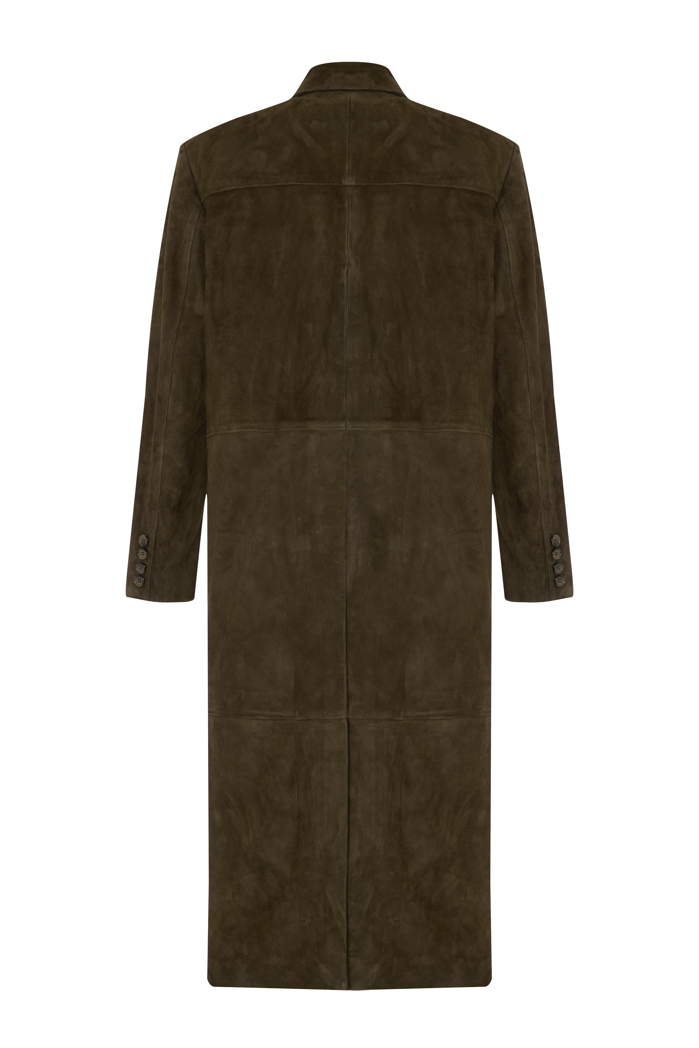 Haki Sırtı Açık Vatkalı Oversize Süet Trenchcoat