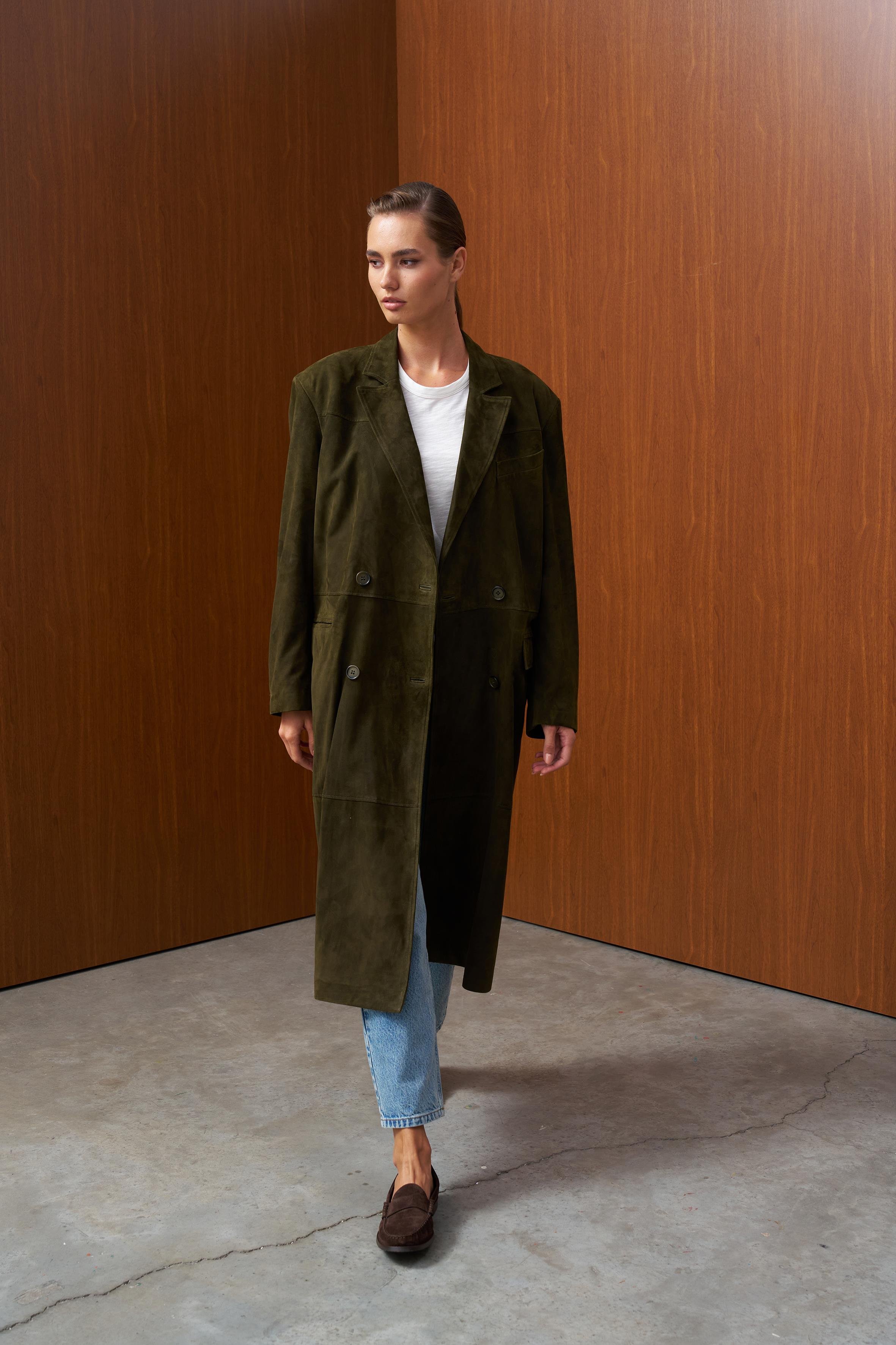 Haki Sırtı Açık Vatkalı Oversize Süet Trenchcoat