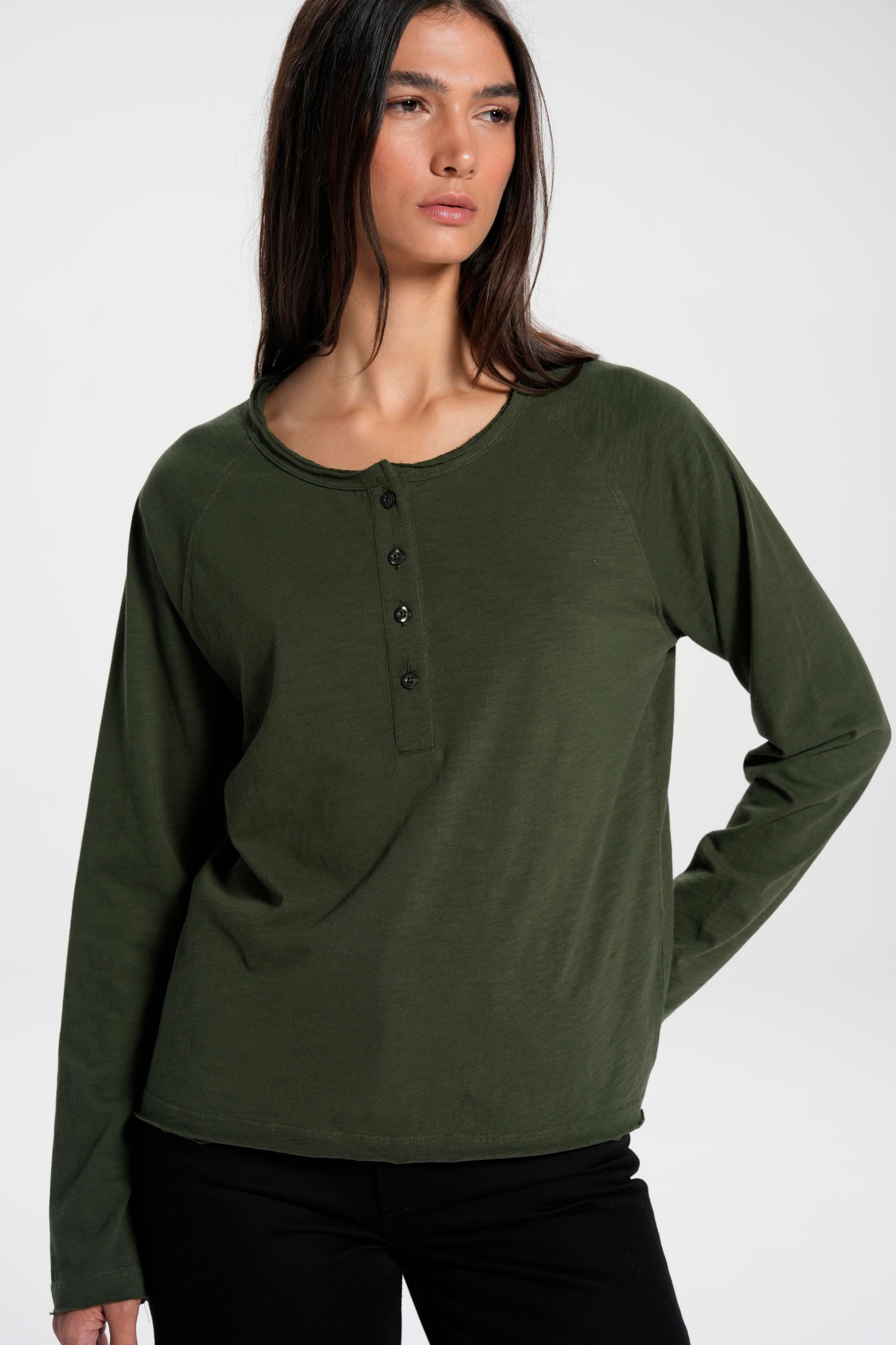 Haki Soluk Efektli Flamlı Uzun Kol Tshirt