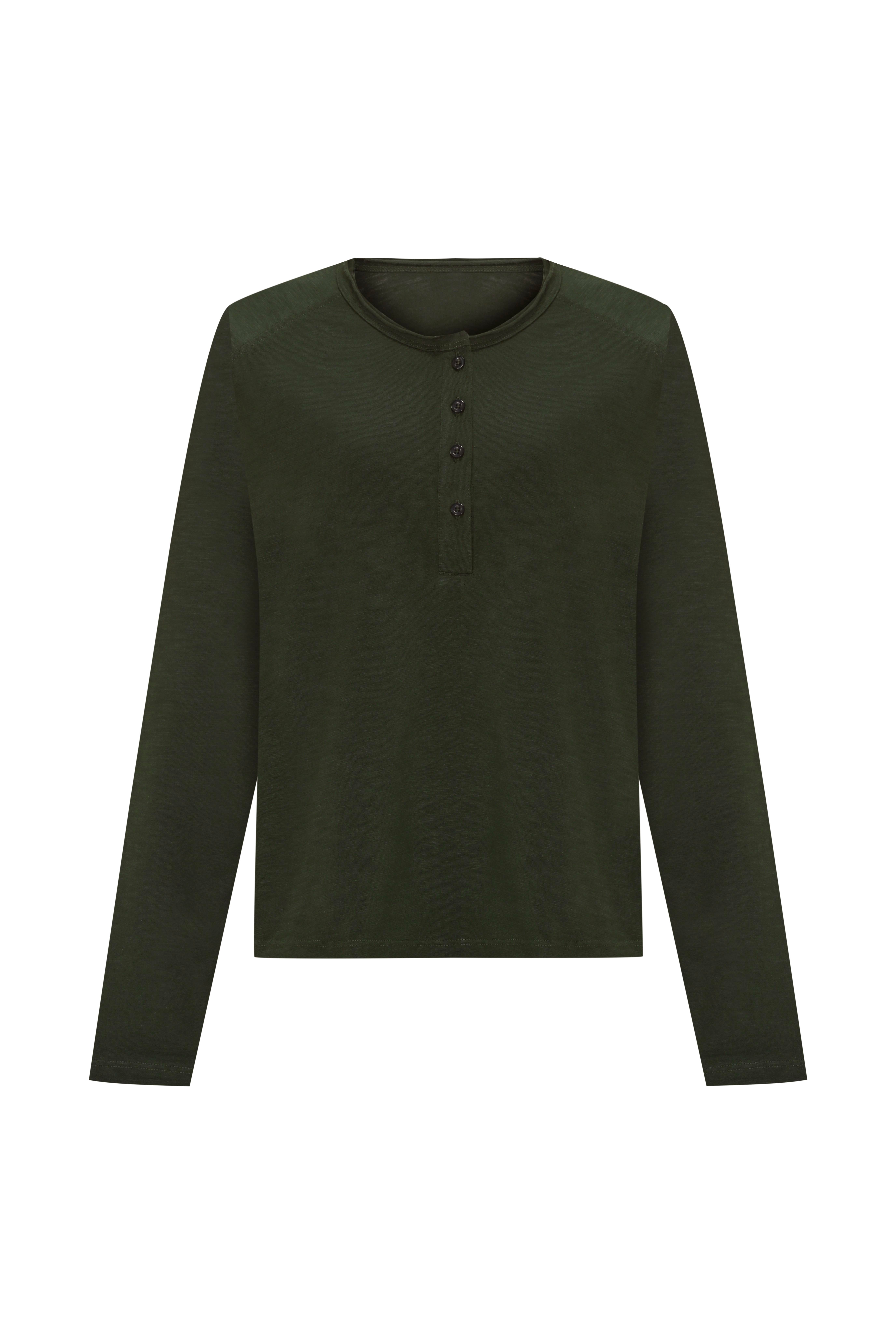 Haki Soluk Efektli Flamlı Uzun Kol Tshirt