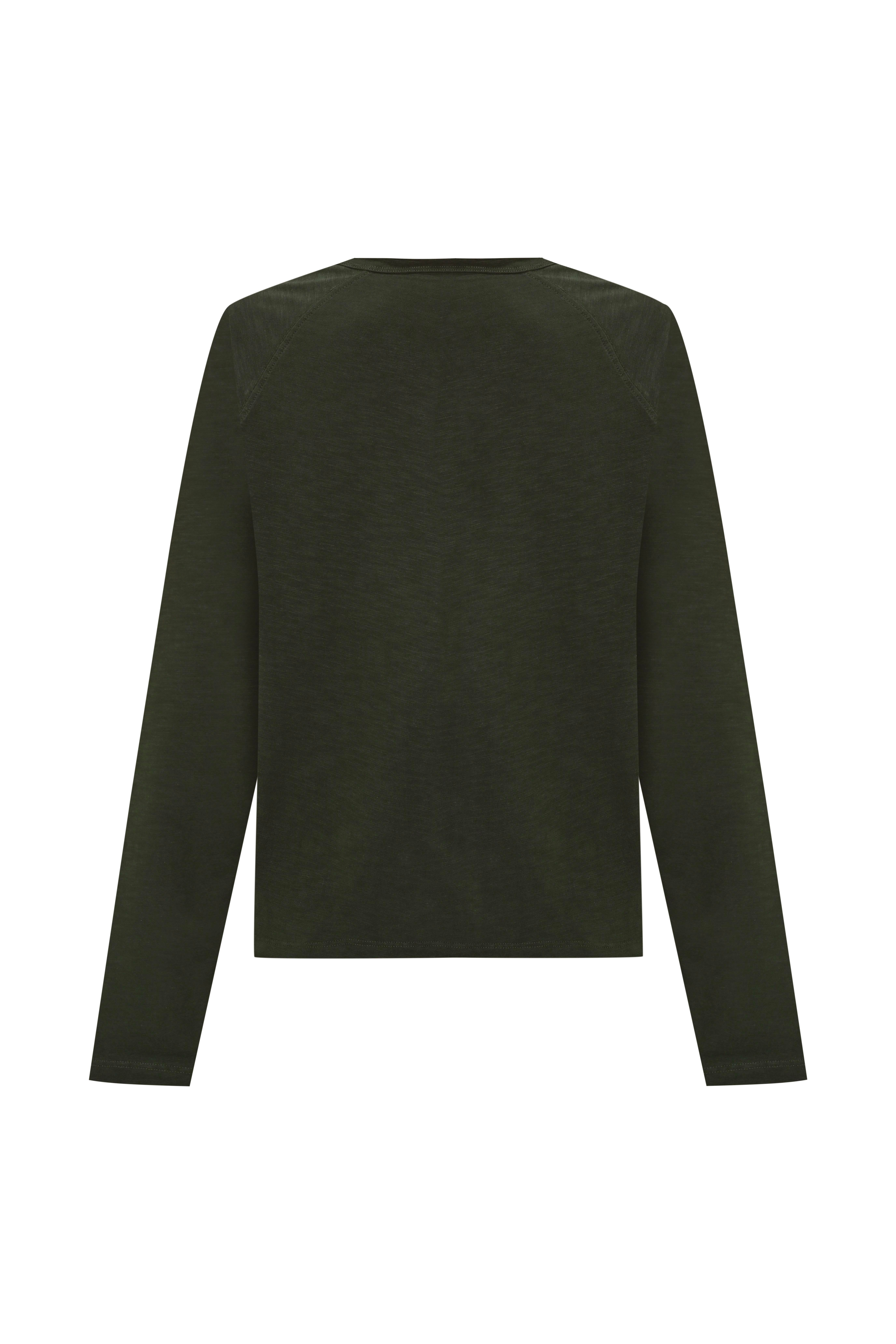 Haki Soluk Efektli Flamlı Uzun Kol Tshirt